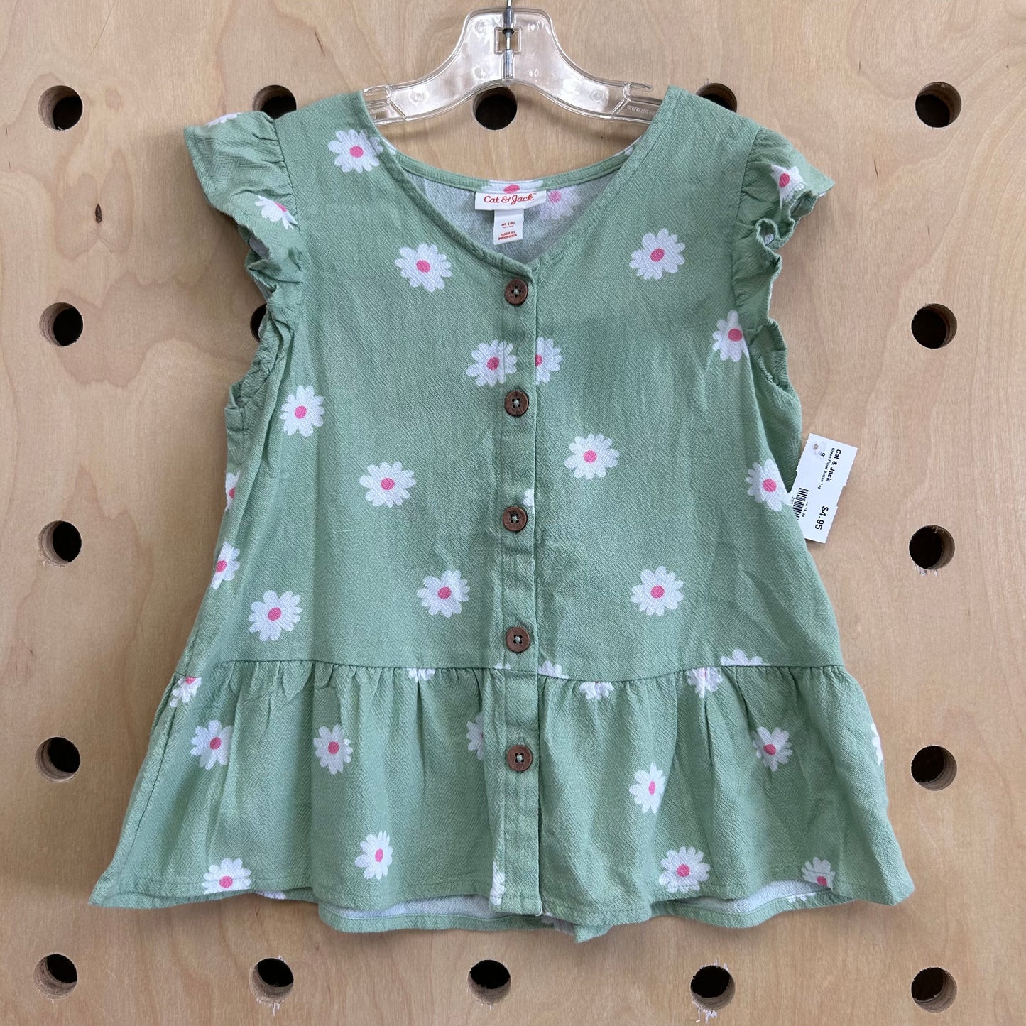 Green Floral Button Top