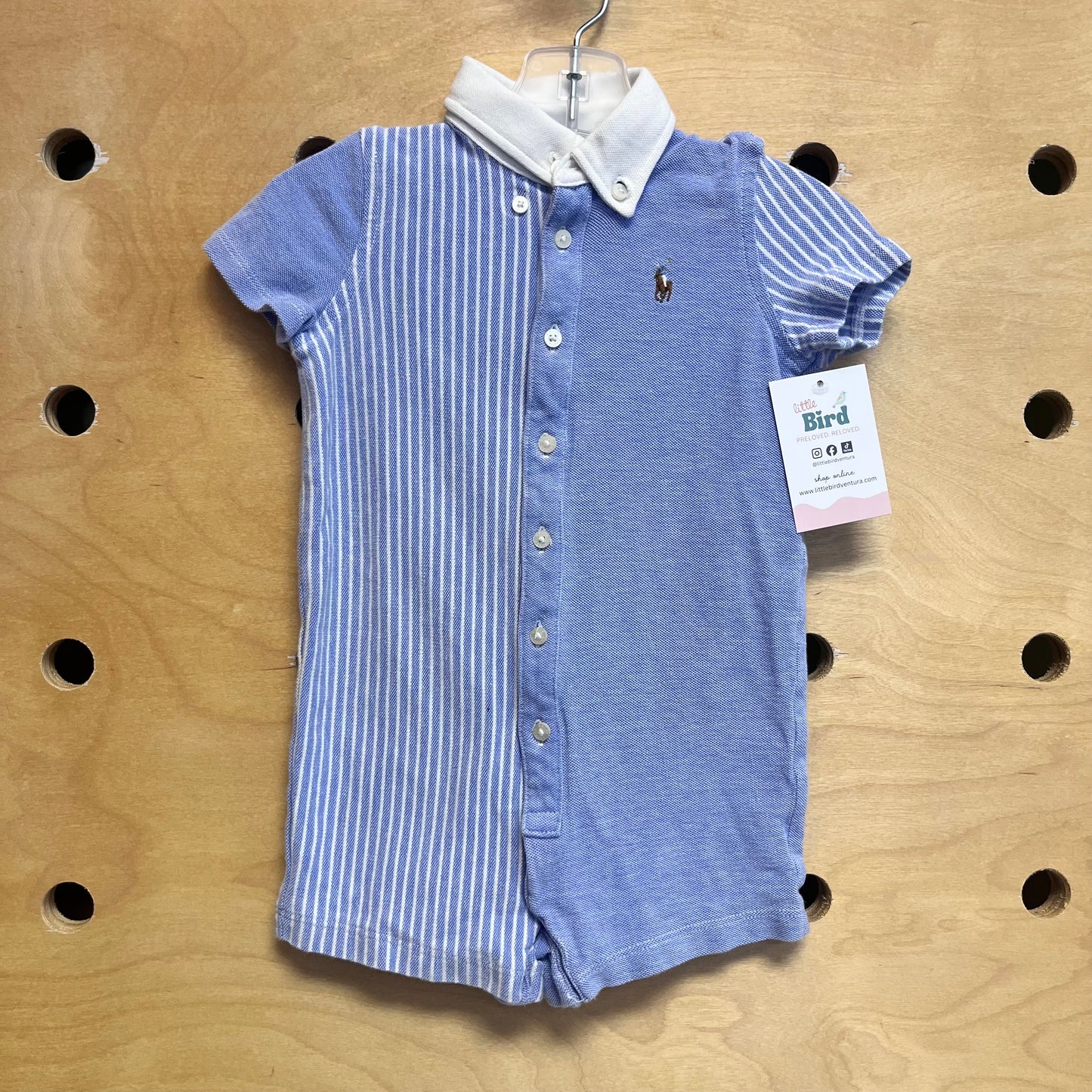 Blue Embroider Logo Striped Romper