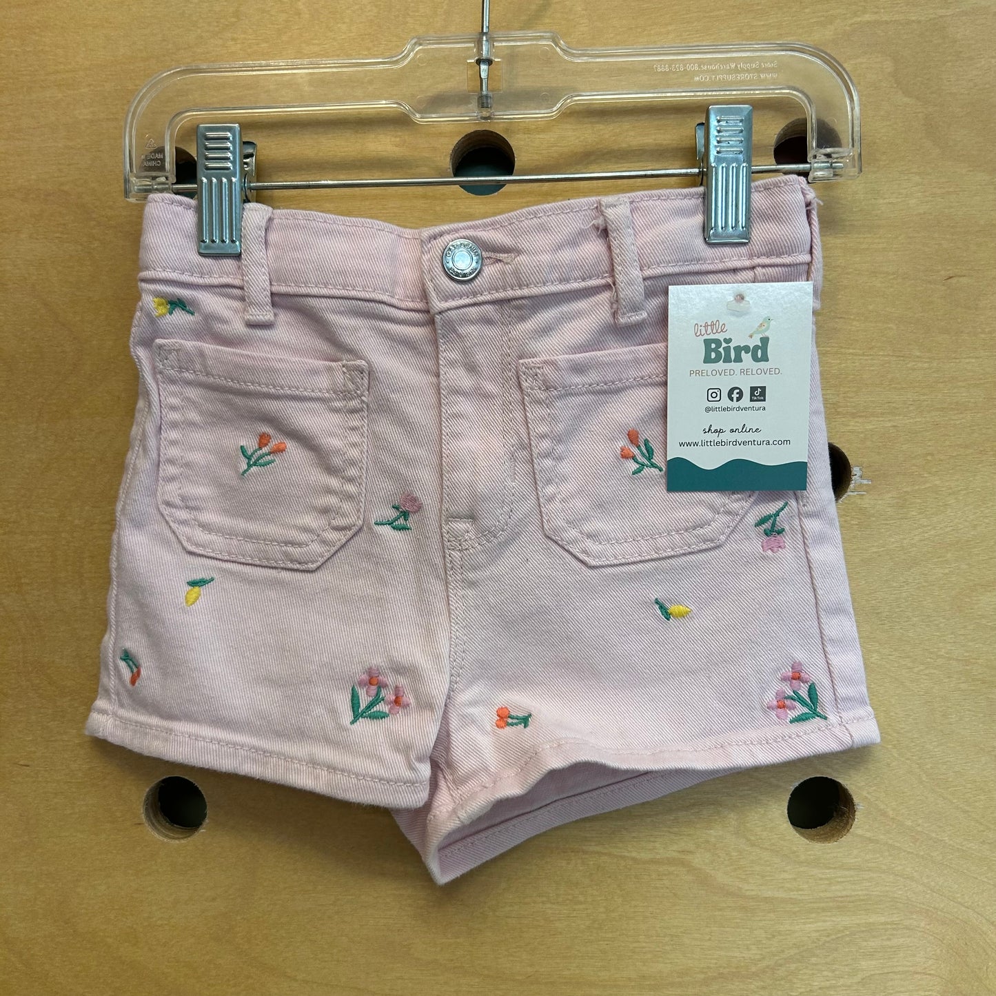 Pink Enmbroidered Floral Denim Shorts