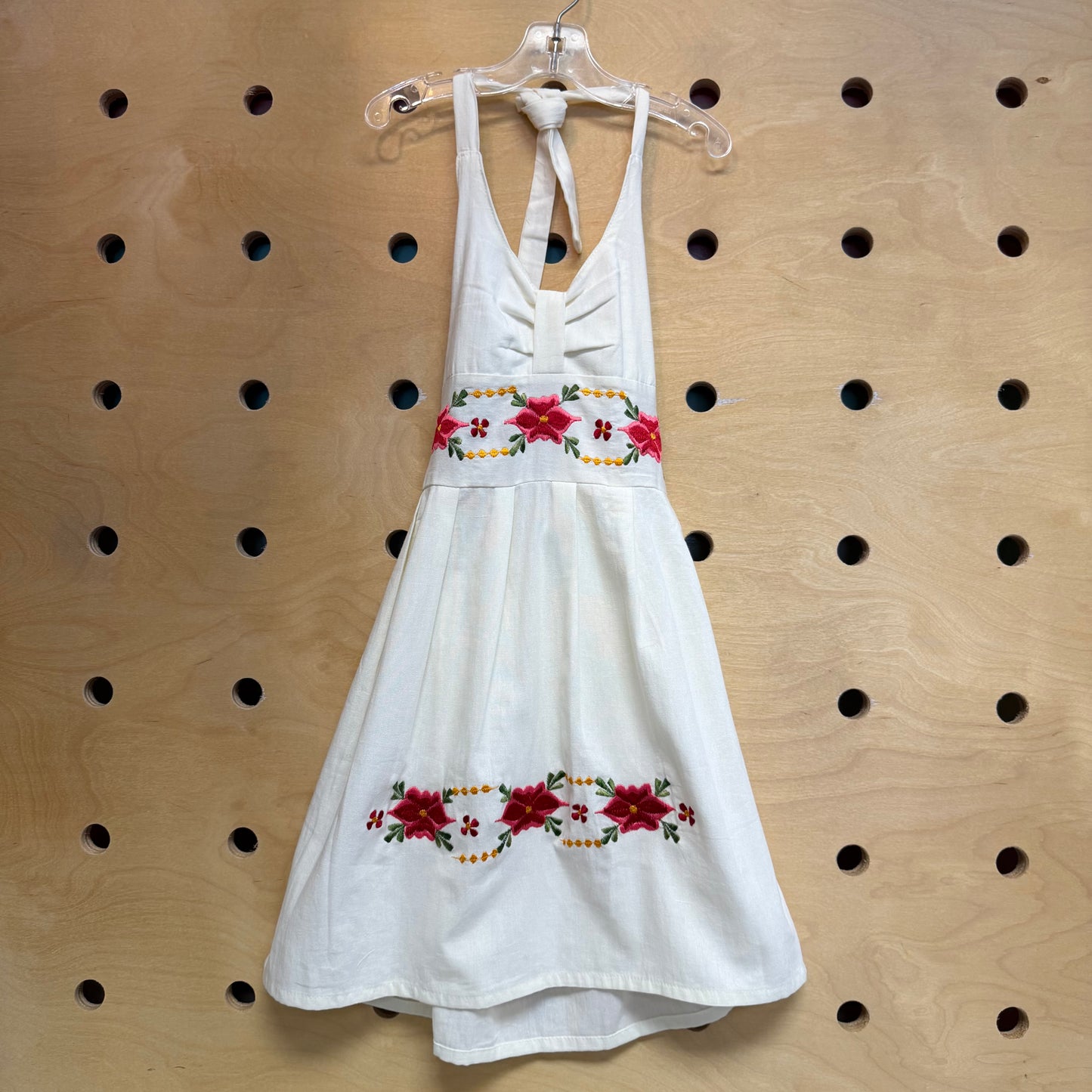 Cream Embroidered Floral Halter Dress