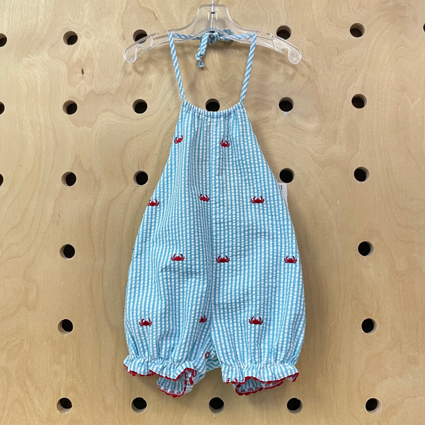 Teal Striped Crab Seersucker Halter Romper