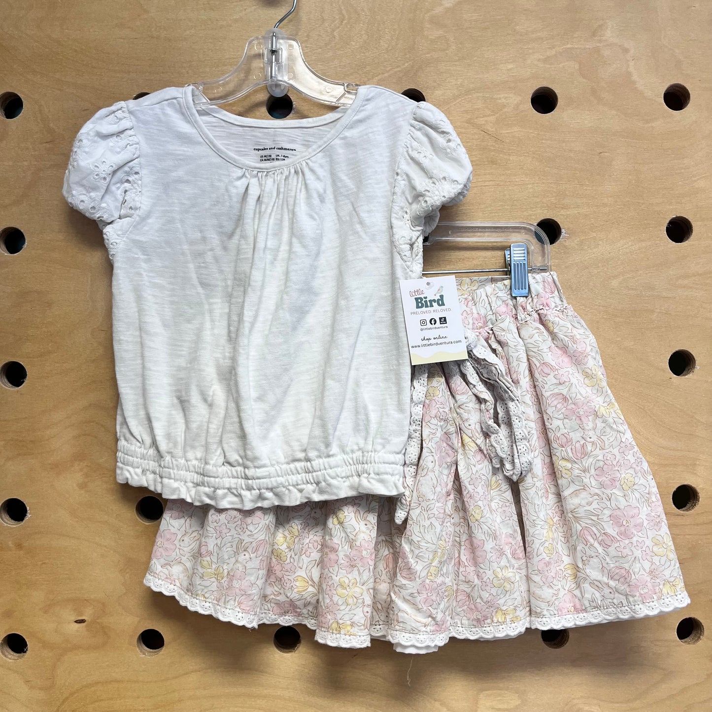White Eyelett Sleeve Tee/Pink Floral Skirt