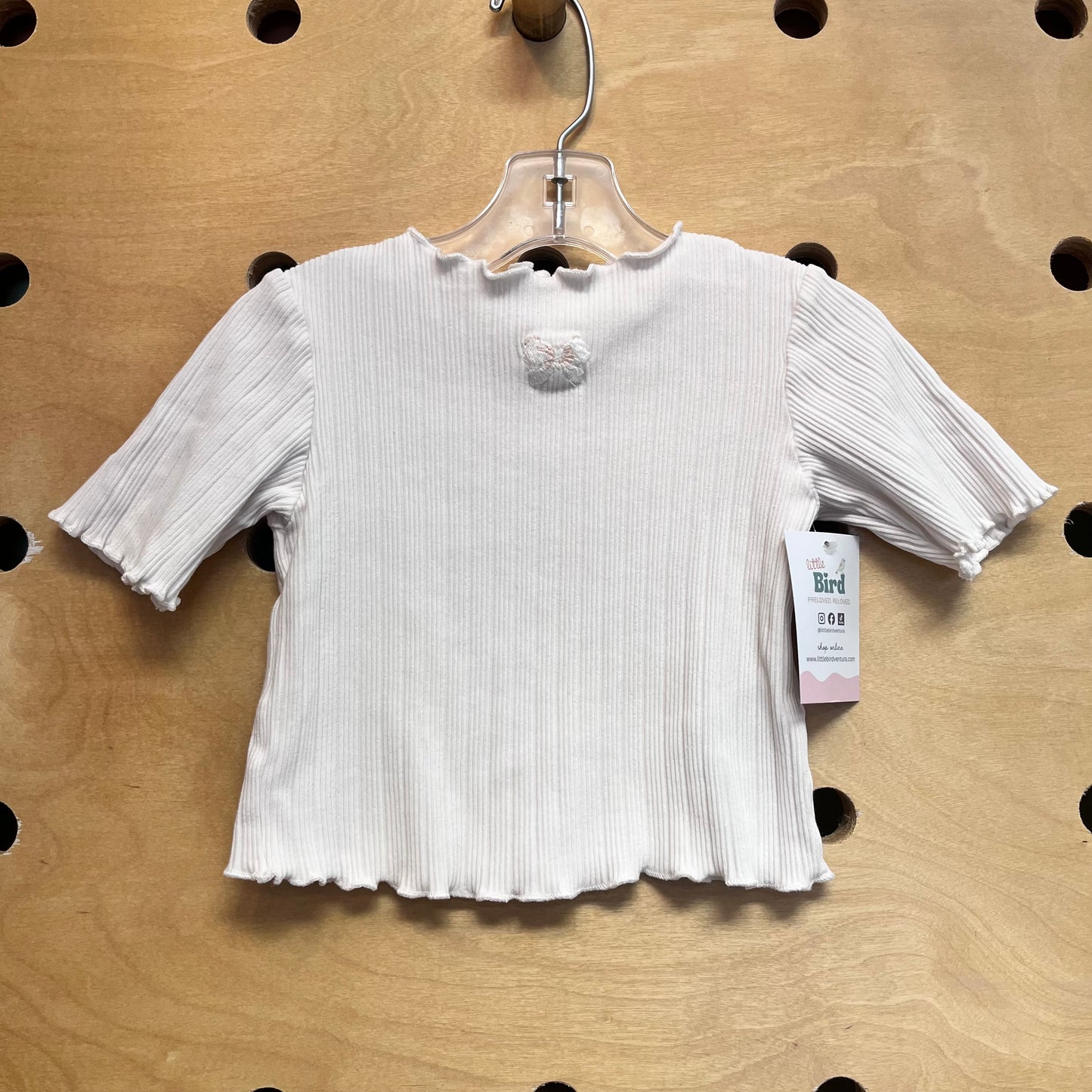 White Ribbed Embroidered Bow Tee