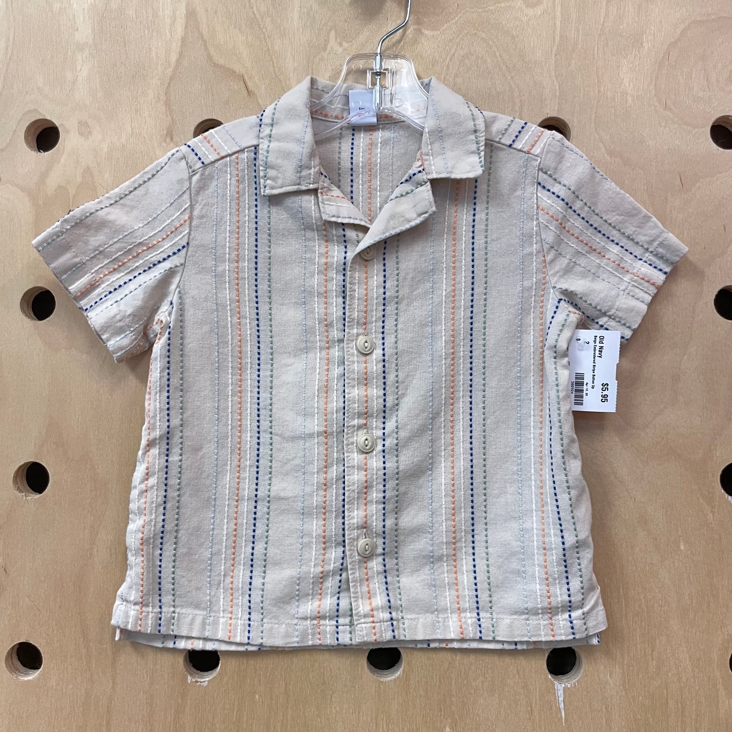 Beige Embroidered Stripe Button Up
