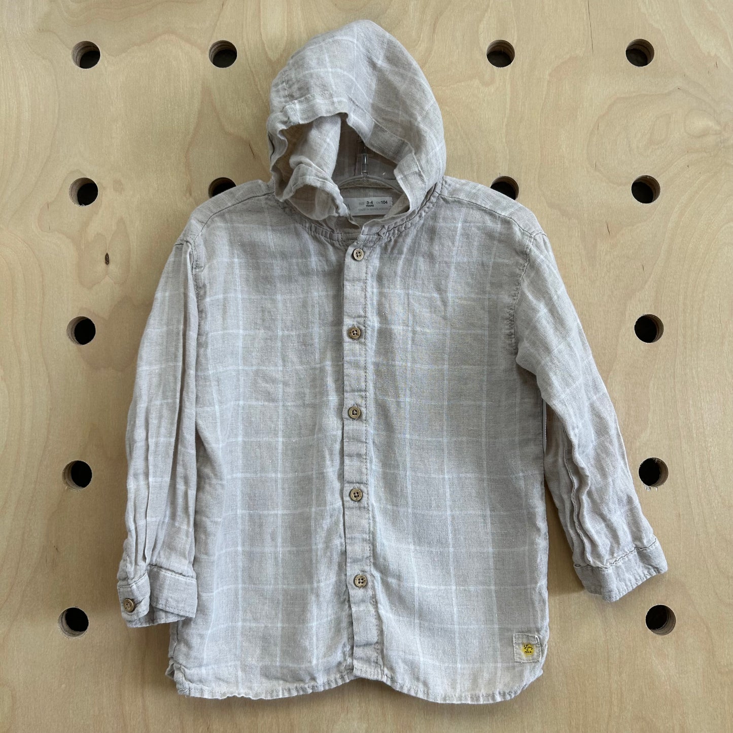 Tan Plaid Linen Blend Hoodie Shirt