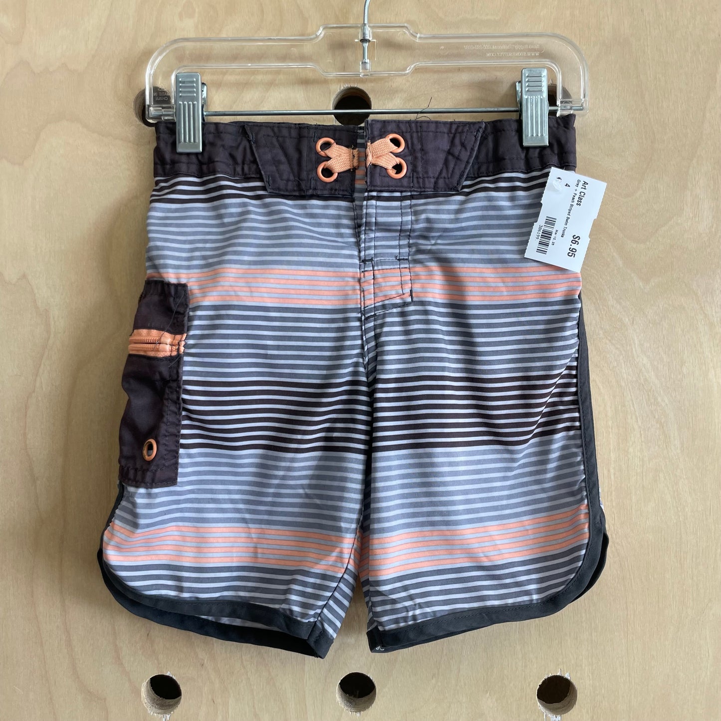 Grey + Peach Striped Swim Trunks