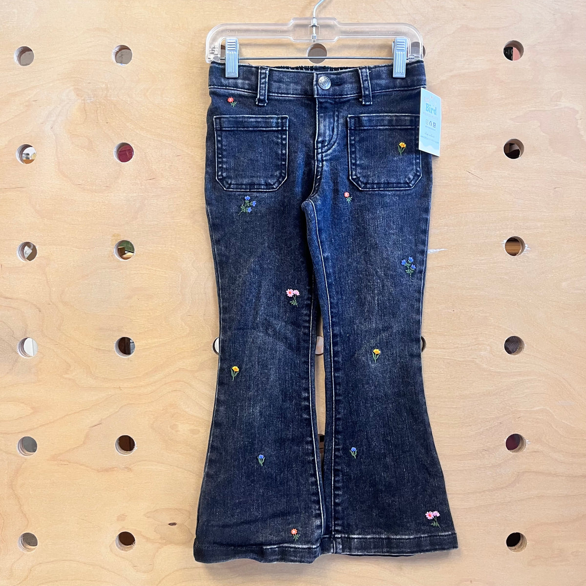 Black Embroidered Floral Flare Denim