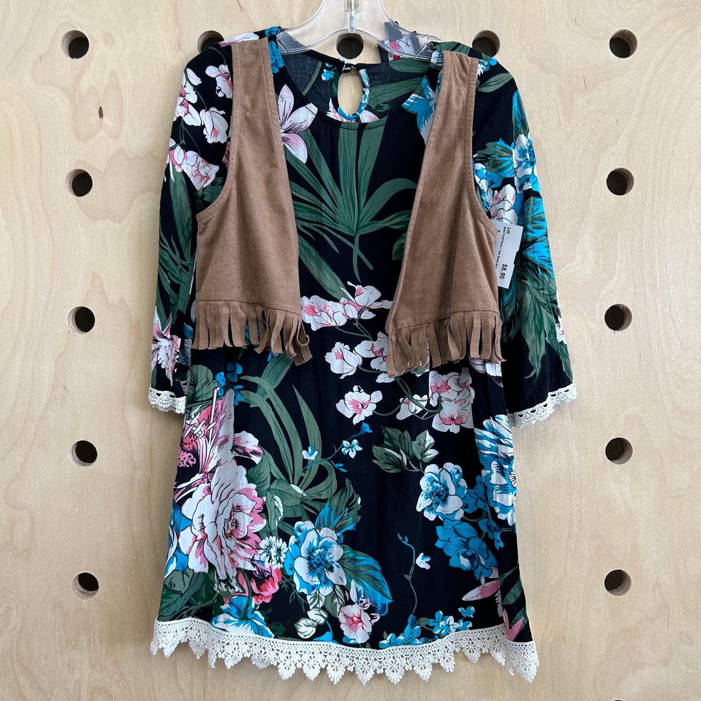 Black Floral Dress+ Faux Suede Vest