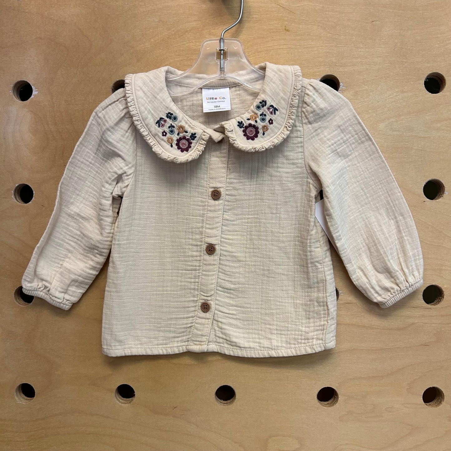 Organic Embroidered Collar Button Top