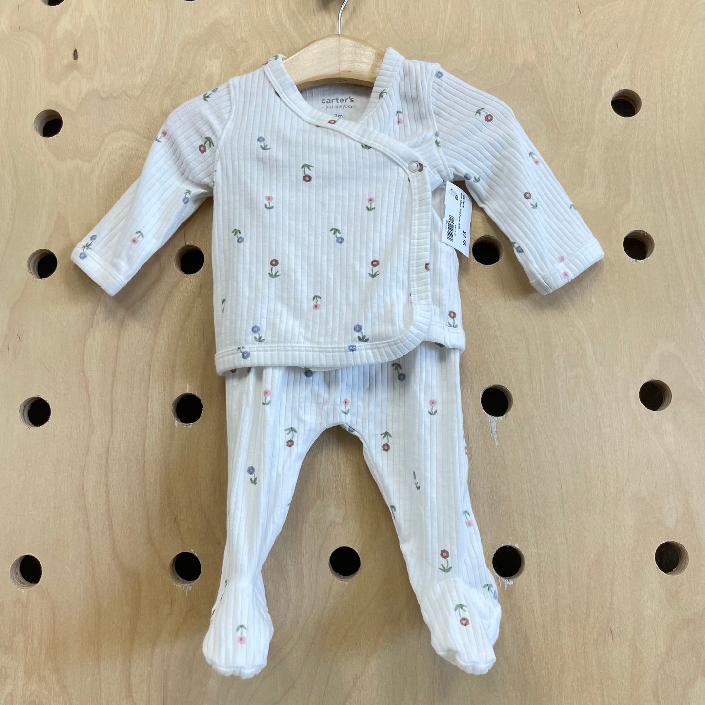 White Ribbed Floral Footies Outfit