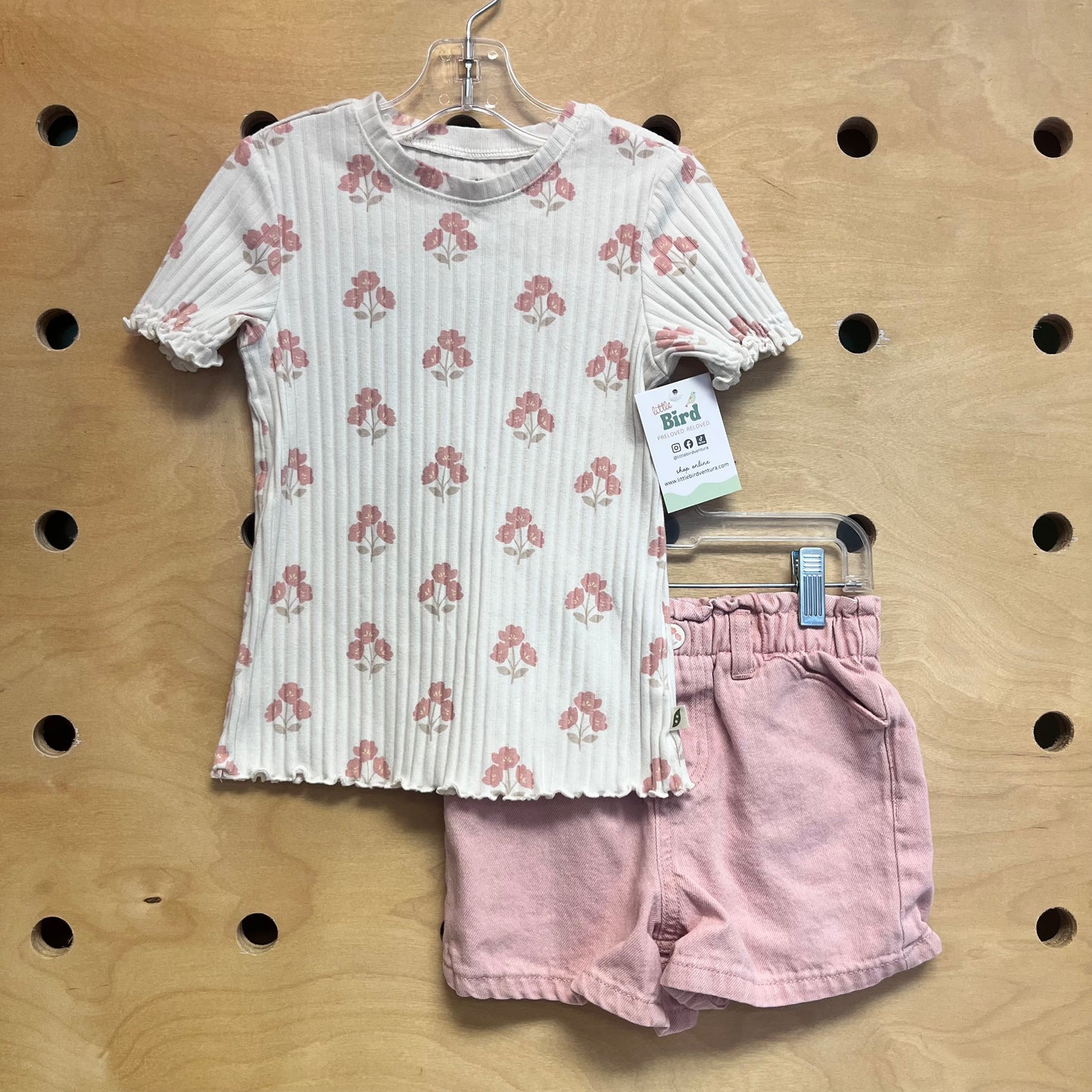 White/Pink Floral Ribbed Tee/Shorts