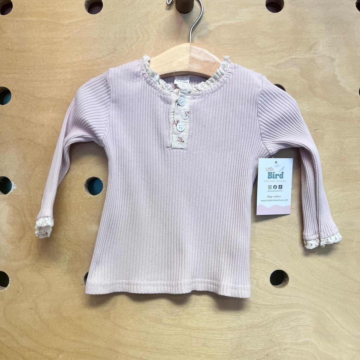 Pink Ribbed Lace Collar Floral LS