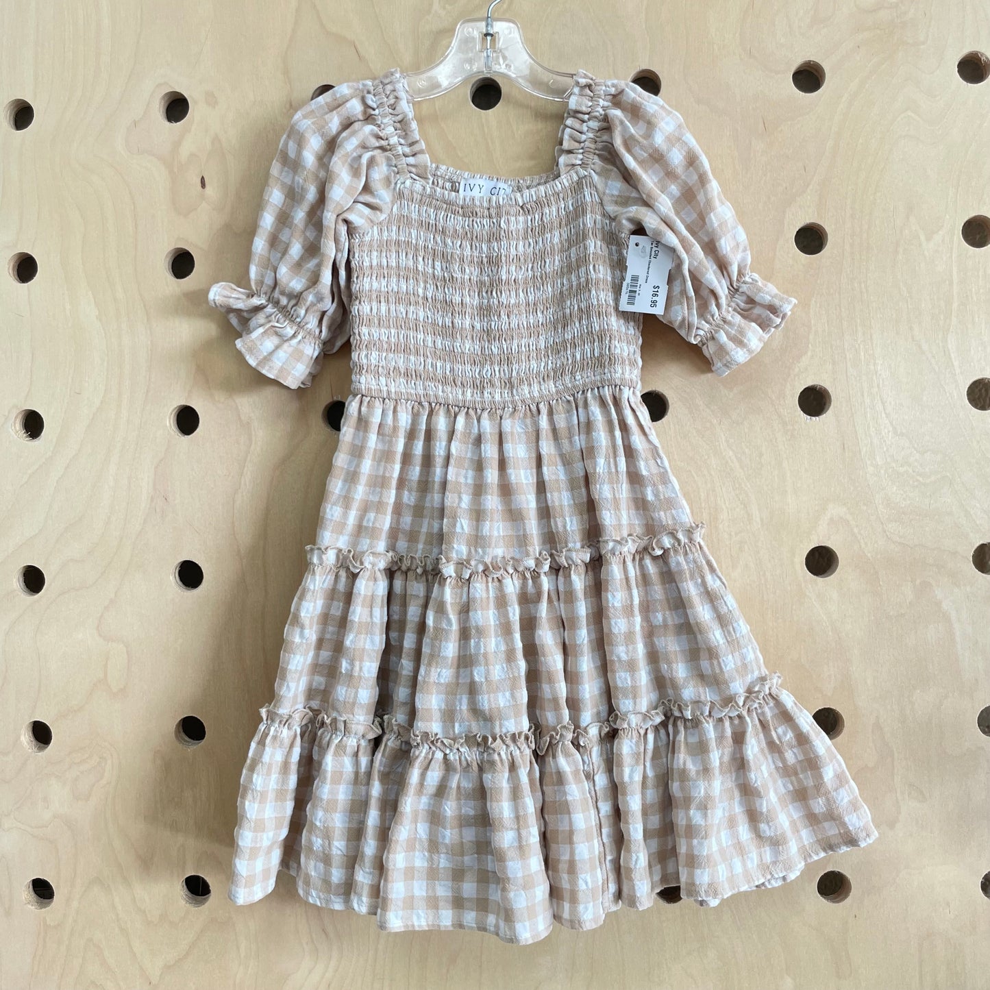 Tan Smocked Checkered Dress