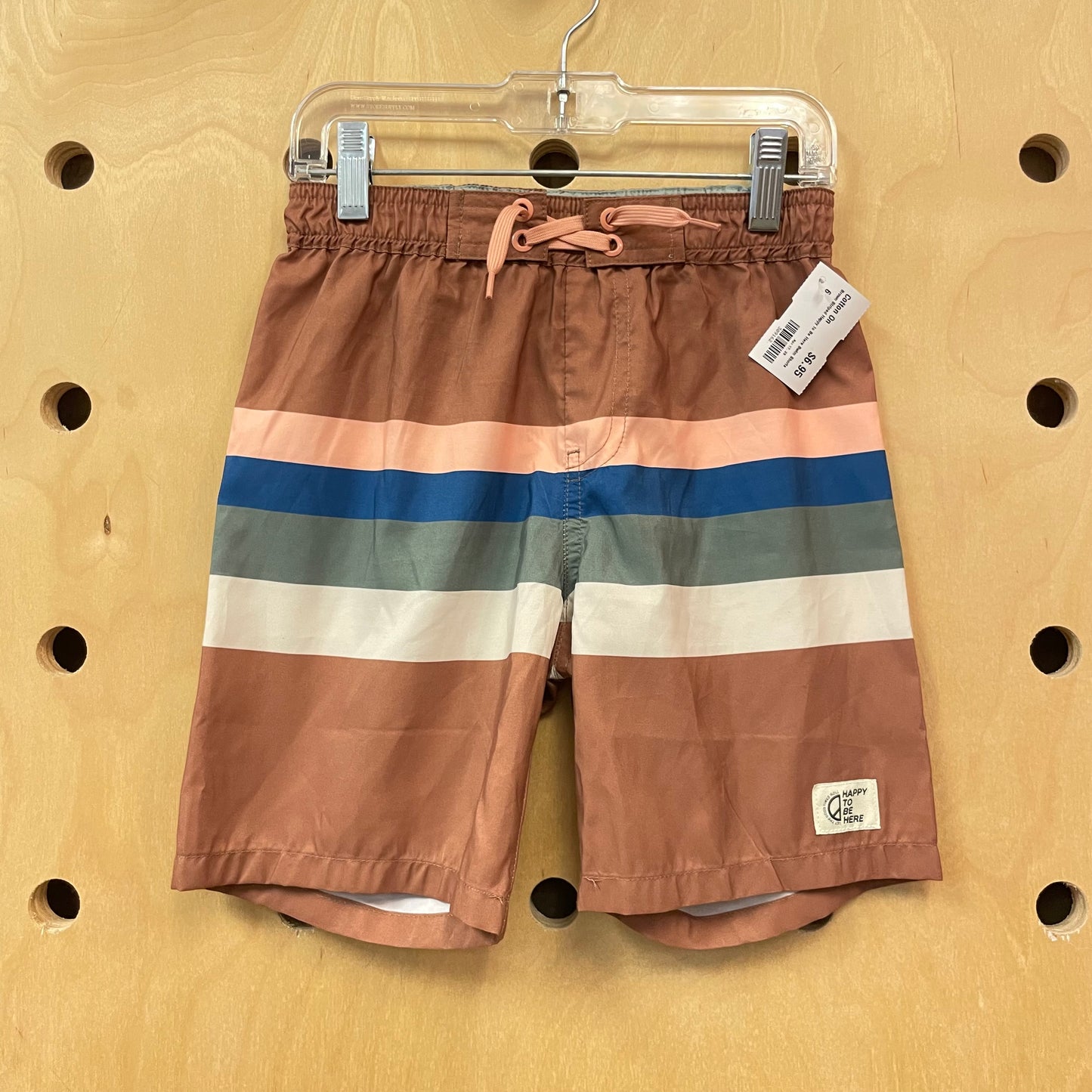 Brown Striped Happy to Be Here Swim Shorts