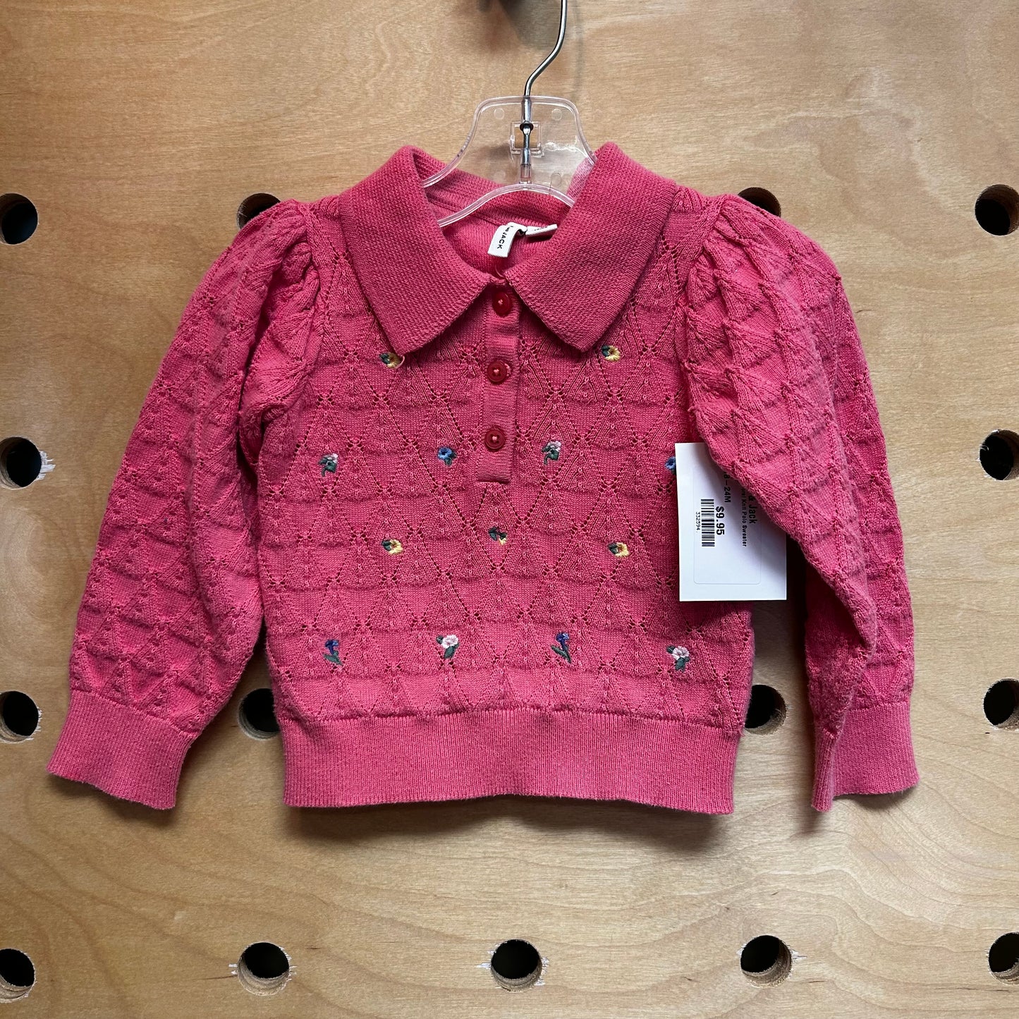 Pink Floral Knit Polo Sweater