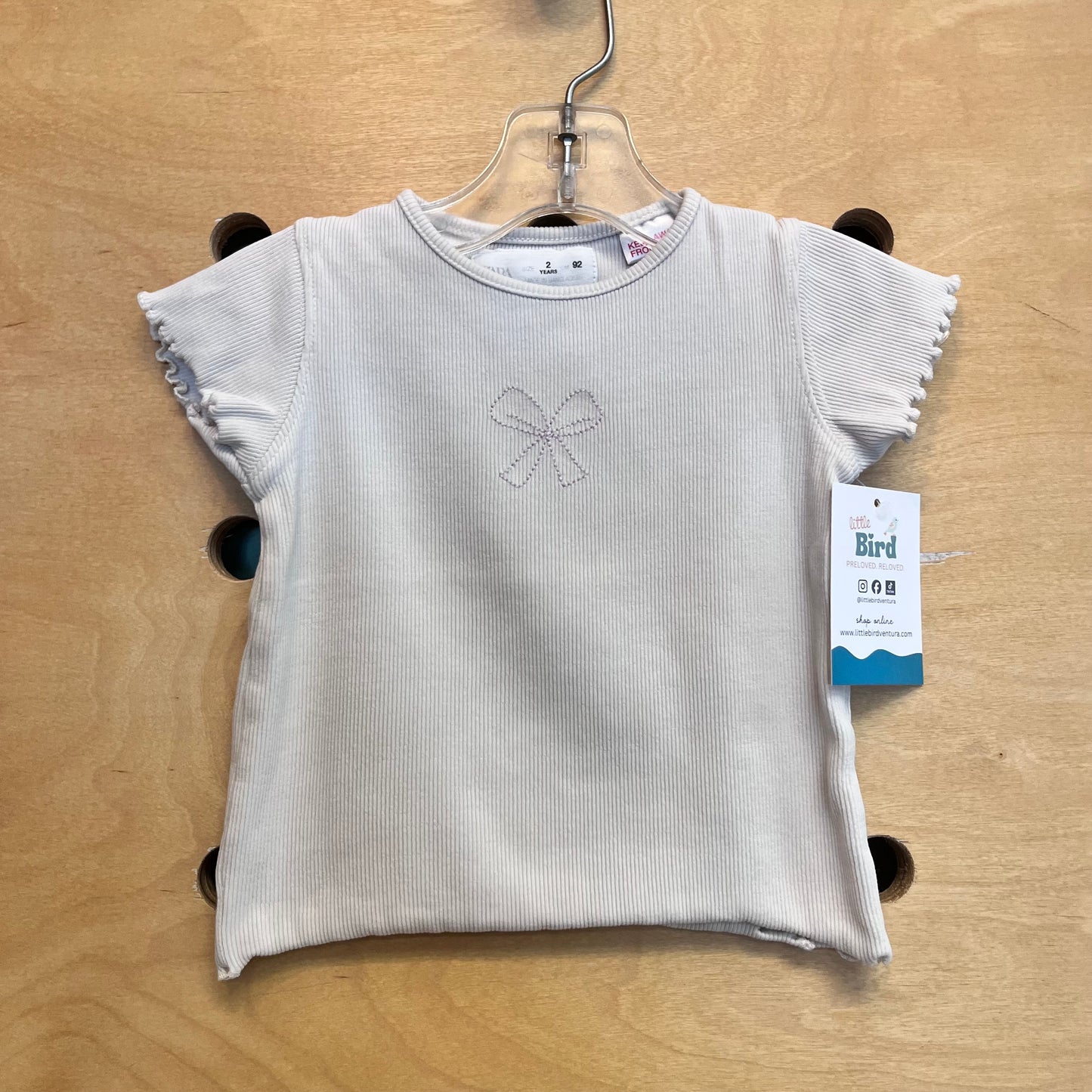 White Embroidered Bow Ribbed Tee