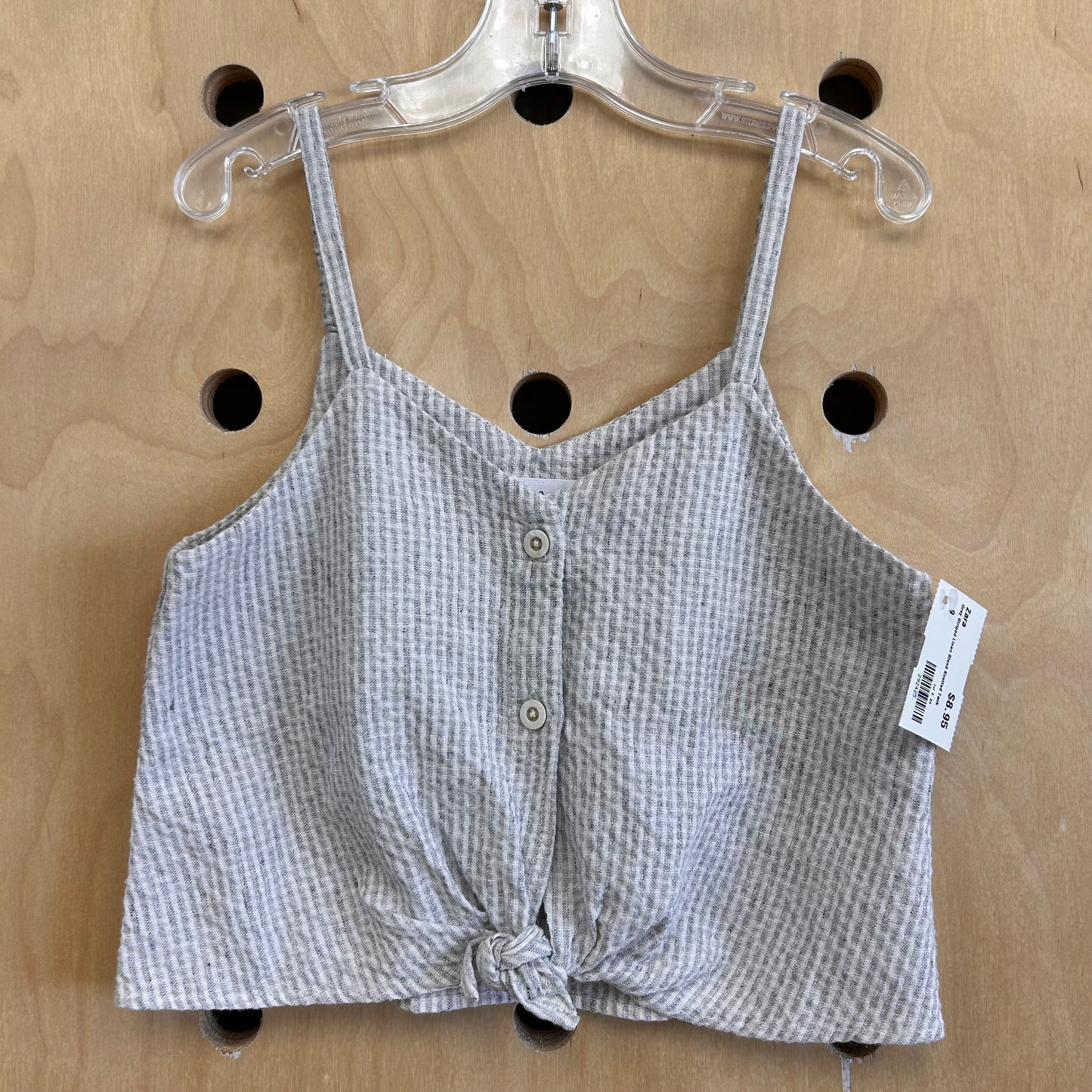 Grey Striped Linen Blend Knotted Tank
