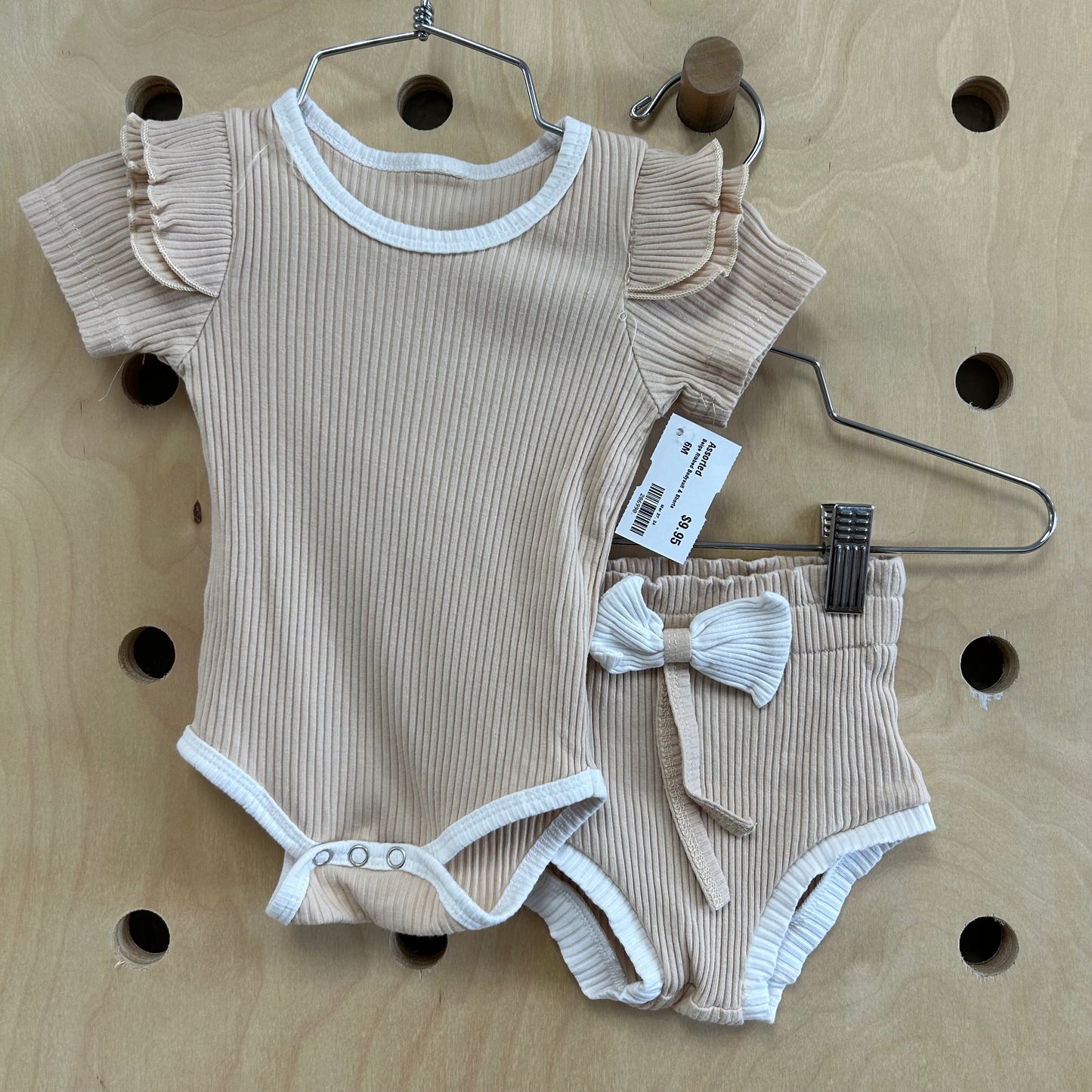 Beige Ribbed Bodysuit & Shorts