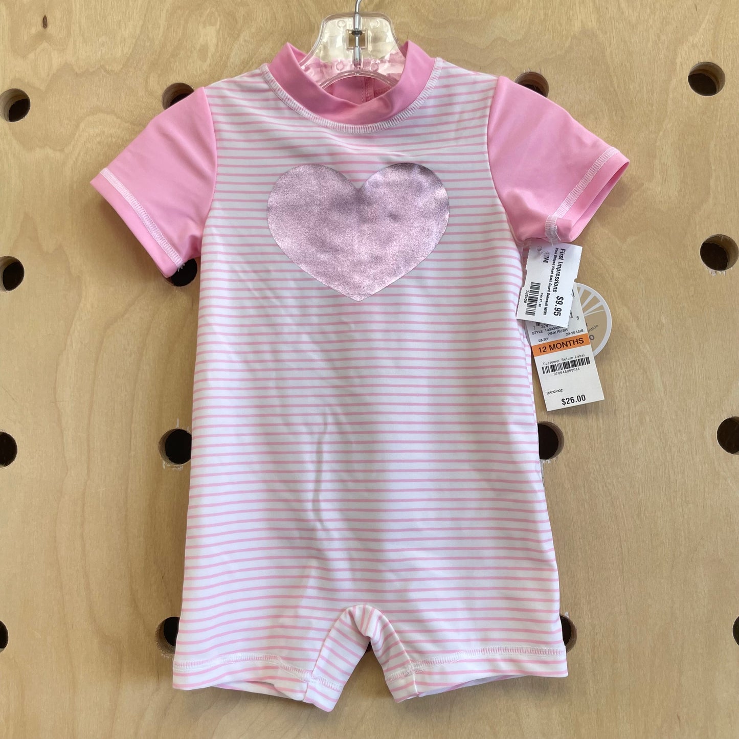 Pink Striped Heart Rash Guard Swimsuit NEW!