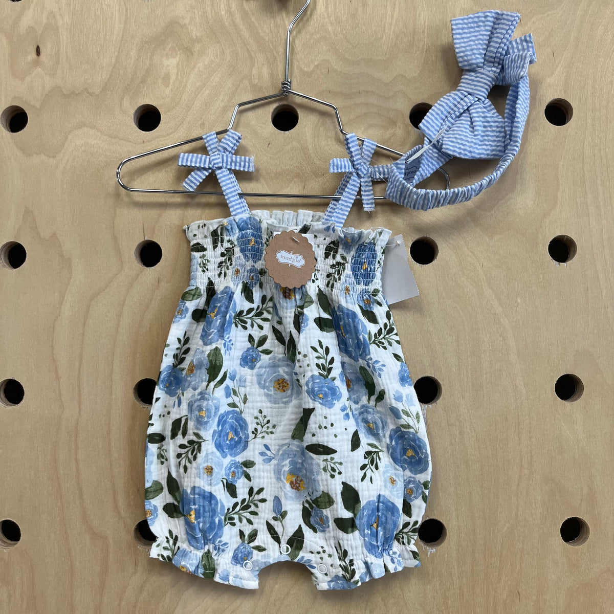 Blue & White Floral Muslin Romper 2pc NEW