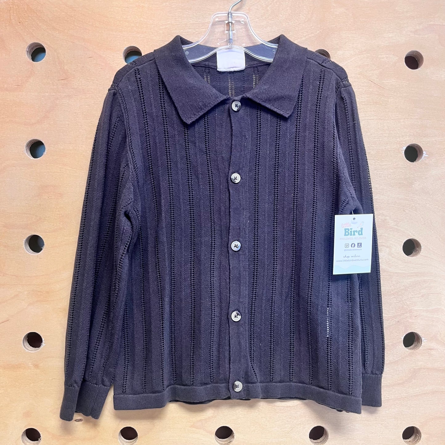 Grey Pointelle LS Button Up