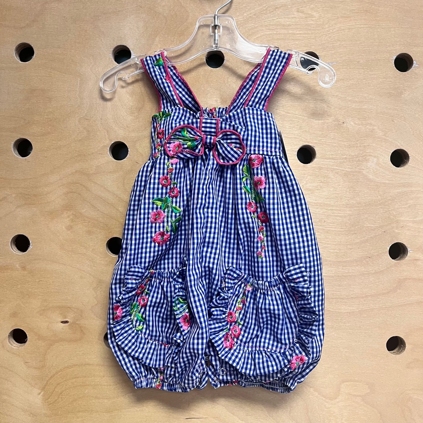 Blue Plaid Embroider Floral Bubble Romper