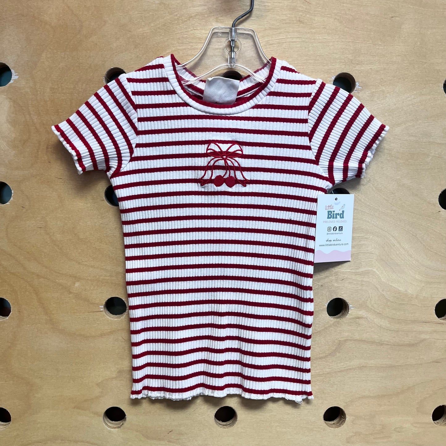 Red/White Striped Embroidered Bow Tee