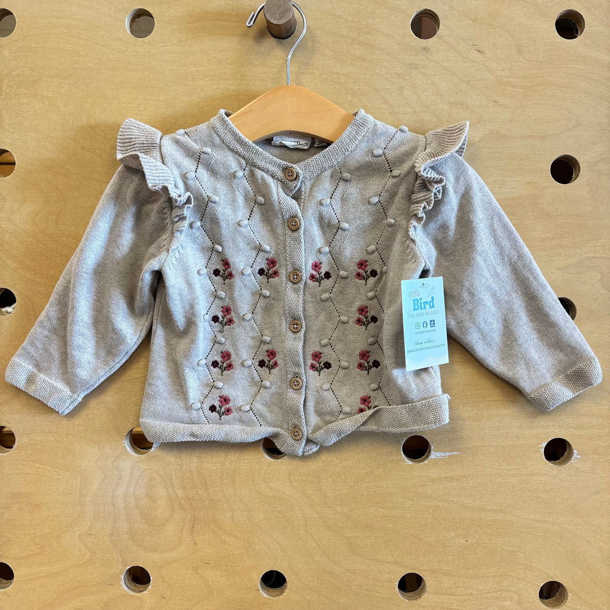 Tan Embroider Floral Pom Pom Cardigan