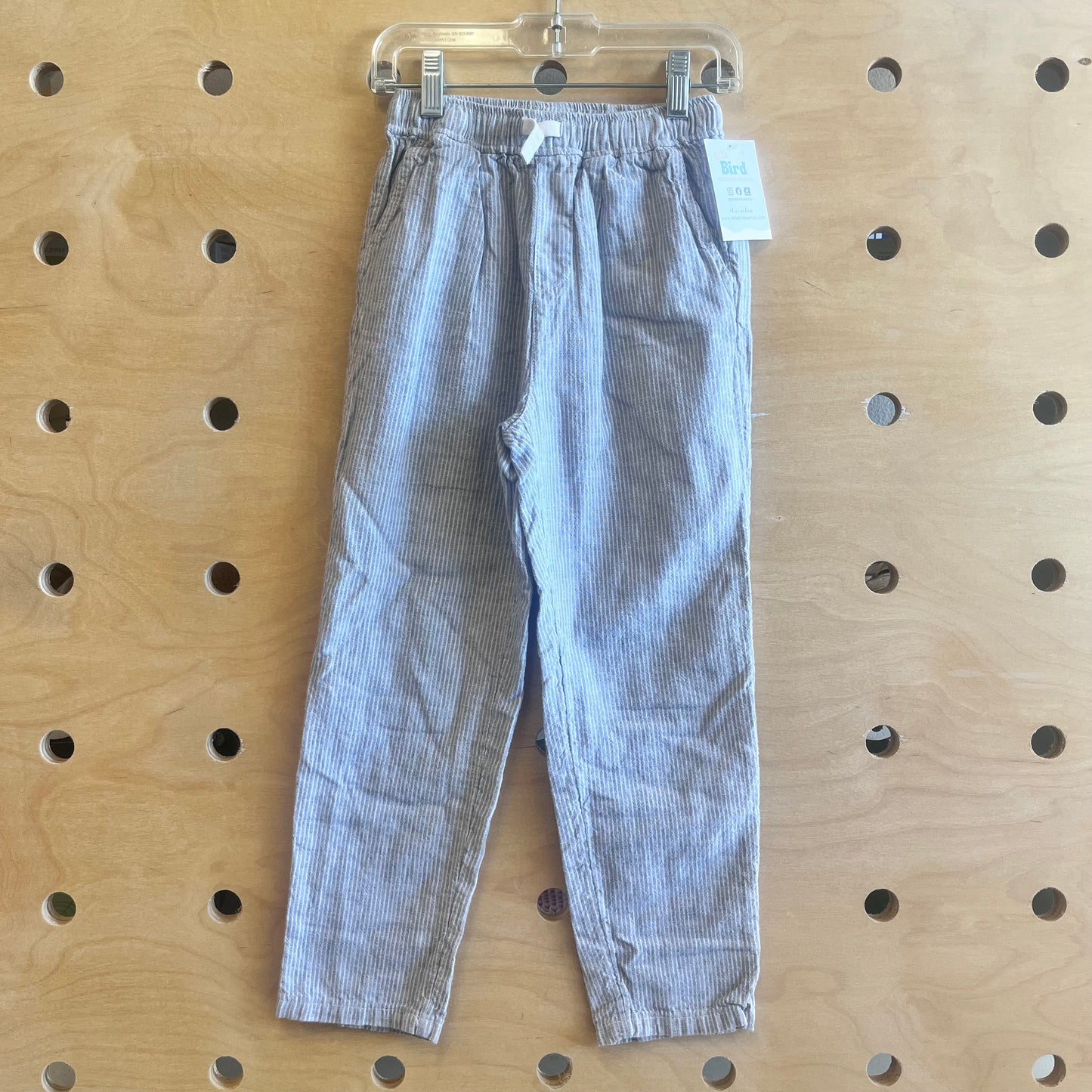 Grey Striped Linen Blend Drawstring Pants