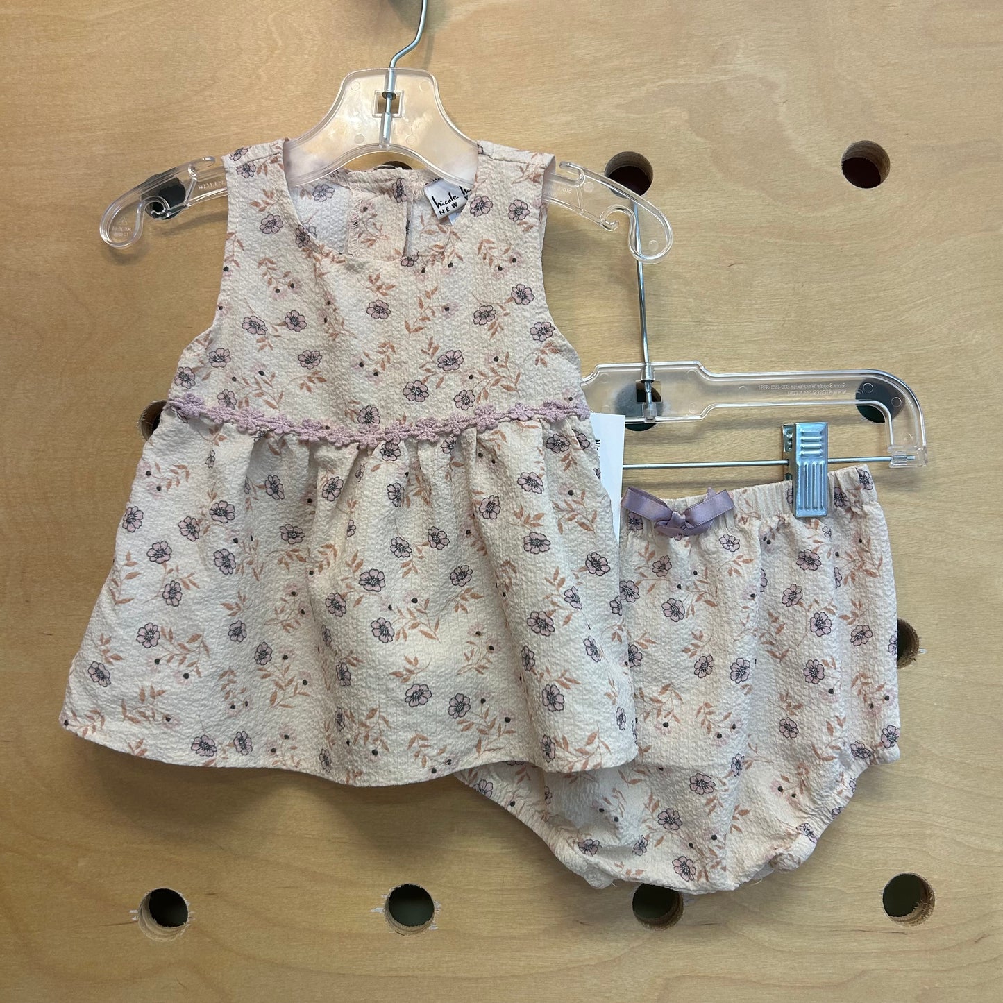 Beige Floral Textured Dress w/Bloomers