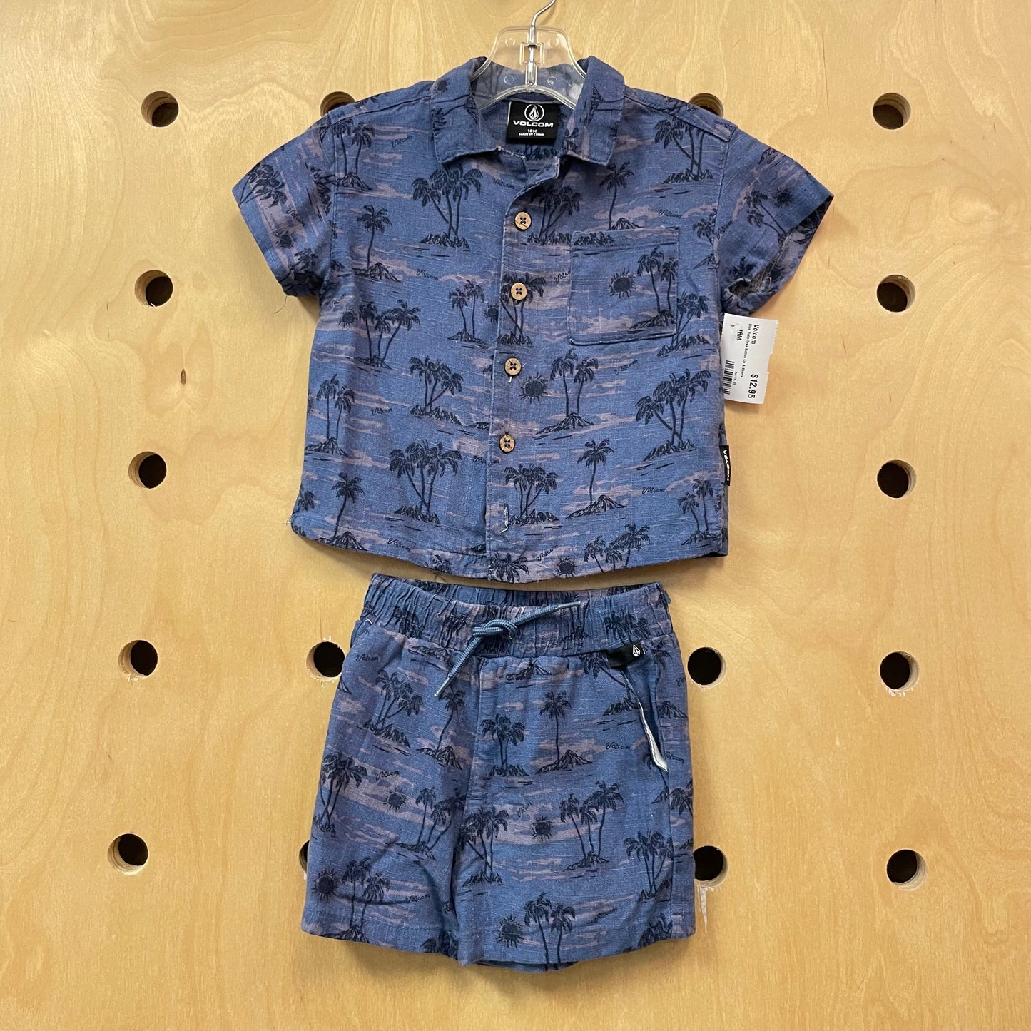 Blue Palm Tree Button Up & Shorts