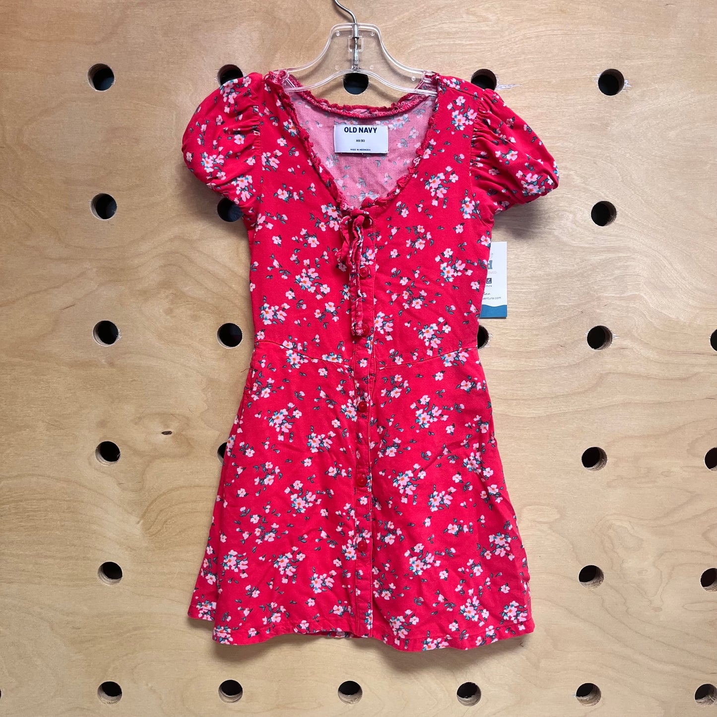 Red Floral Front-Button Dress