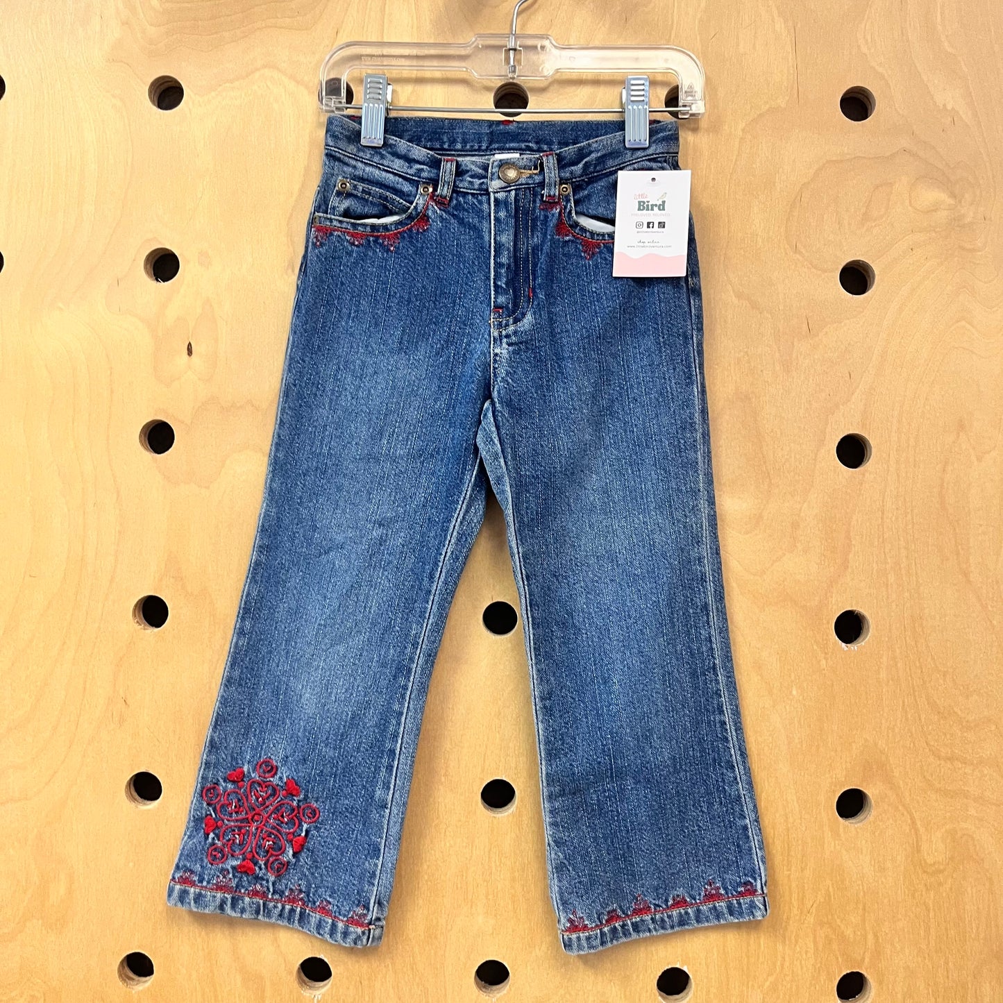 Red Fleur Hearts Embroidered Denim