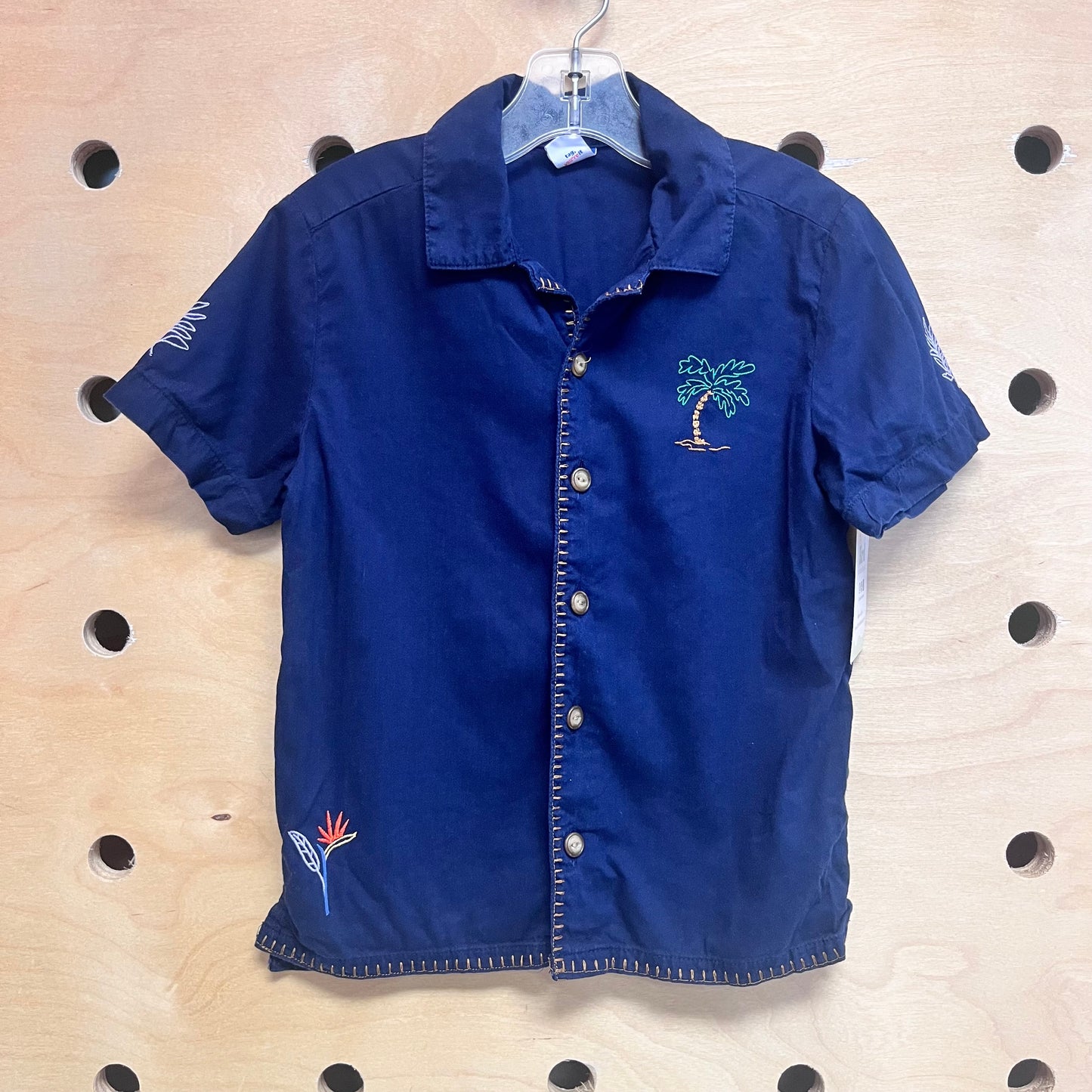 Navy Embroider Palm Button Up