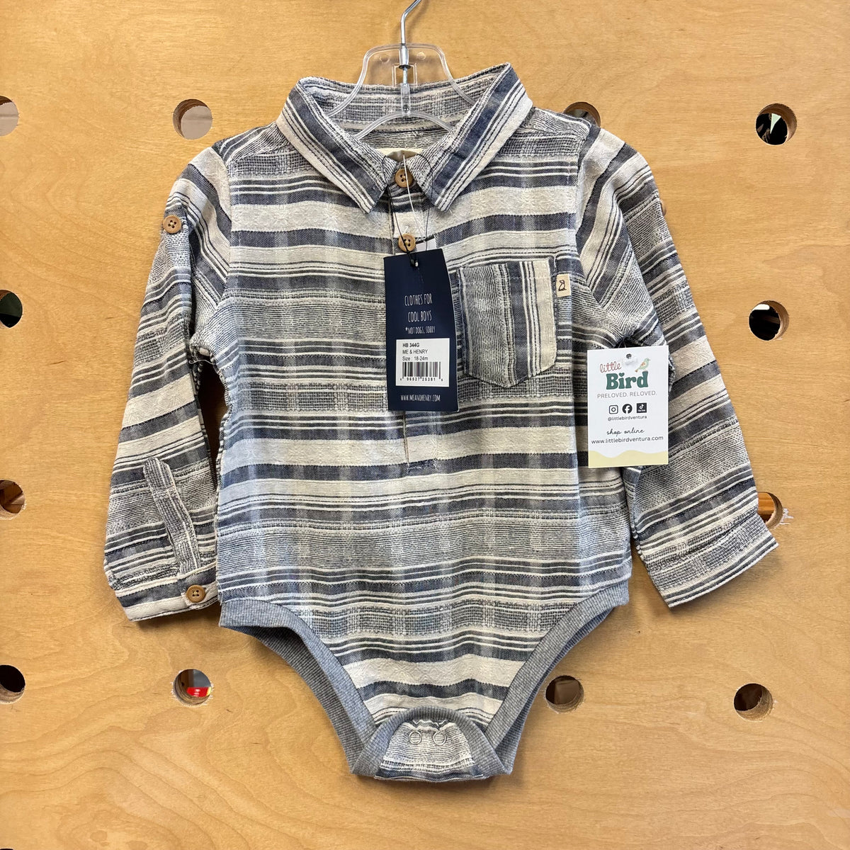 Grey Striped Wood Button Romper NEW!