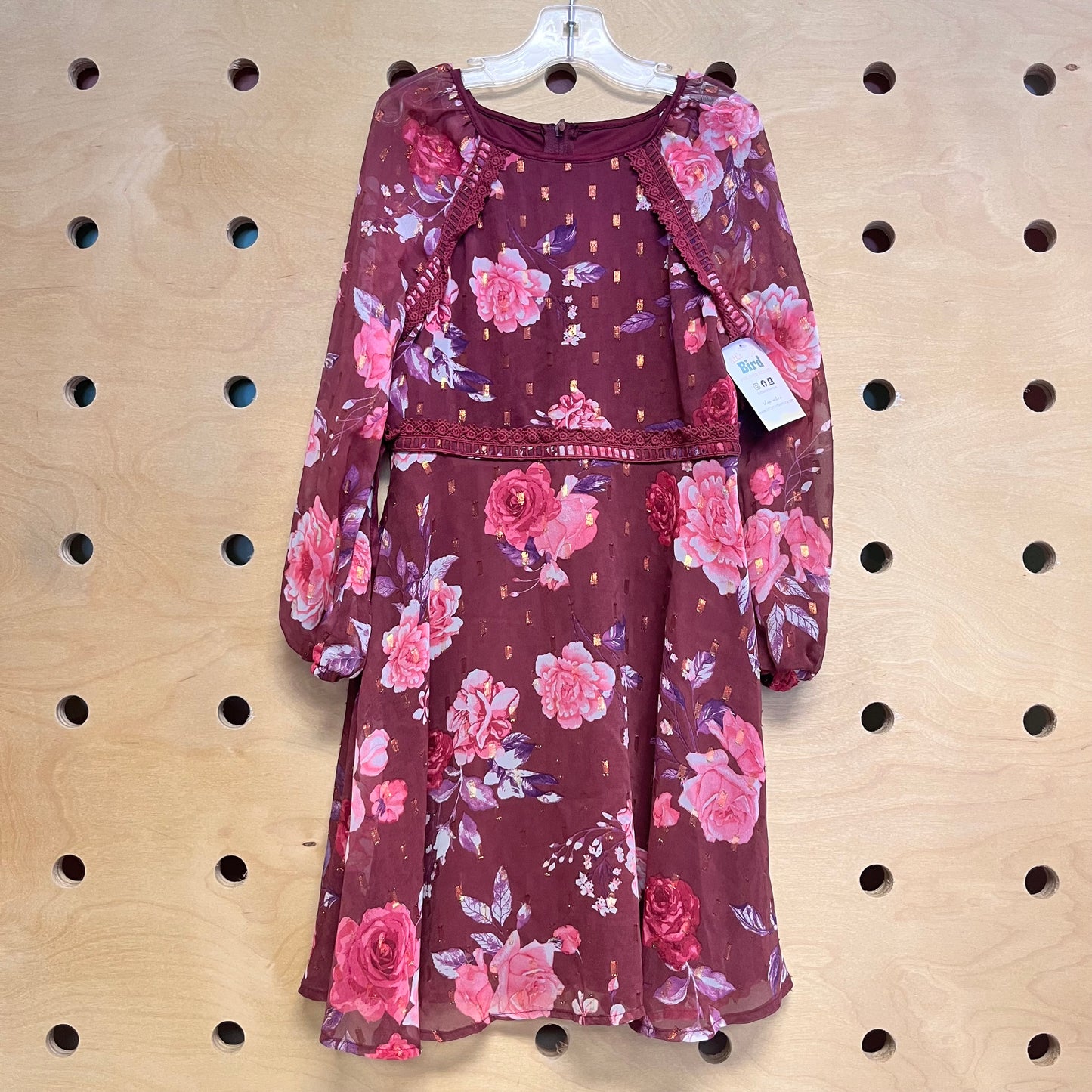 Maroon/PinkFloral Lace Trimmed Dress