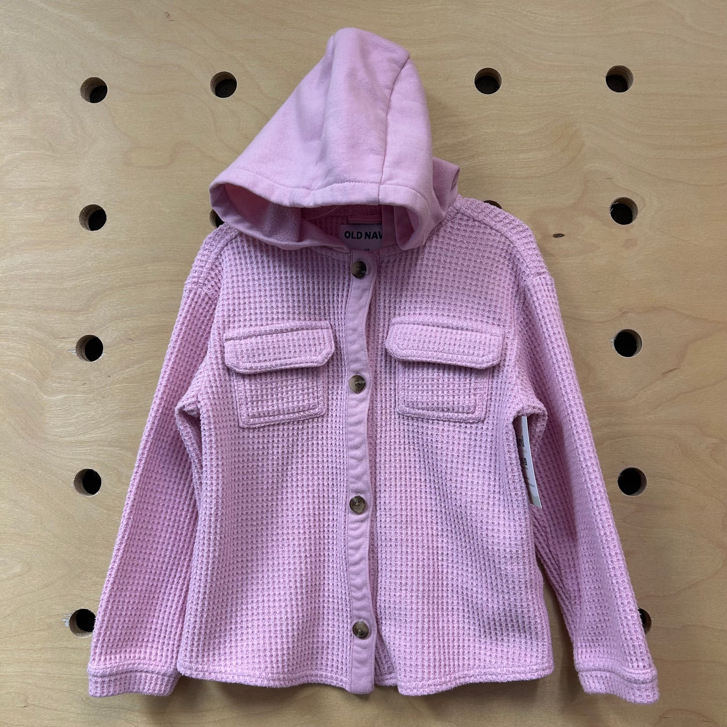Pink Hooded Waffle Knit Button Up