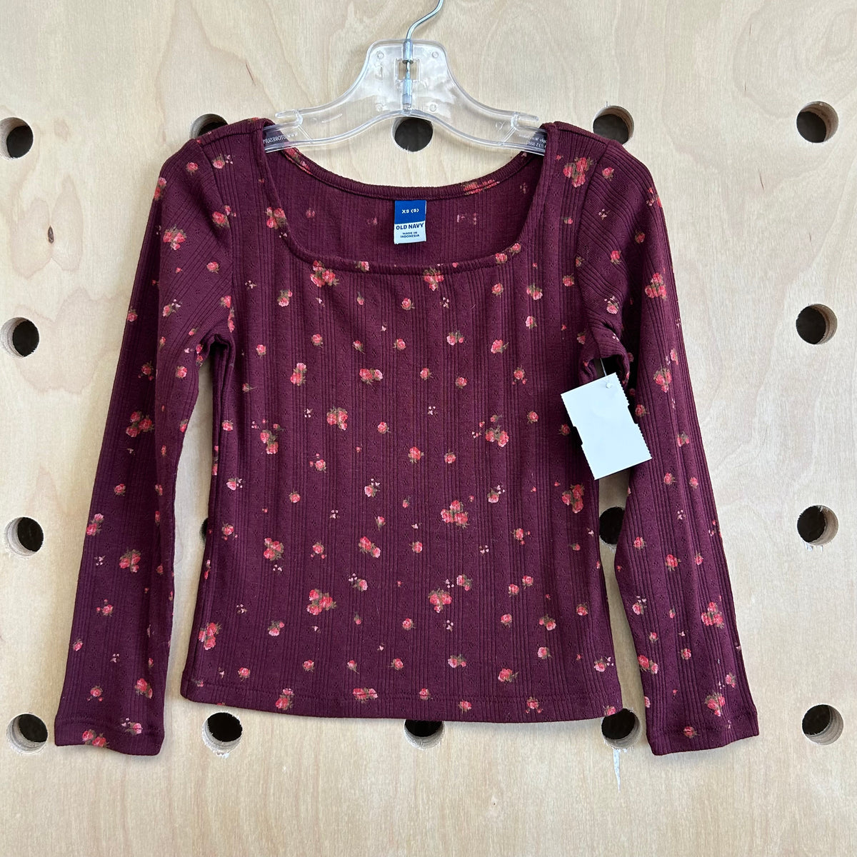 Cranberry Ribbed Floral LS Top