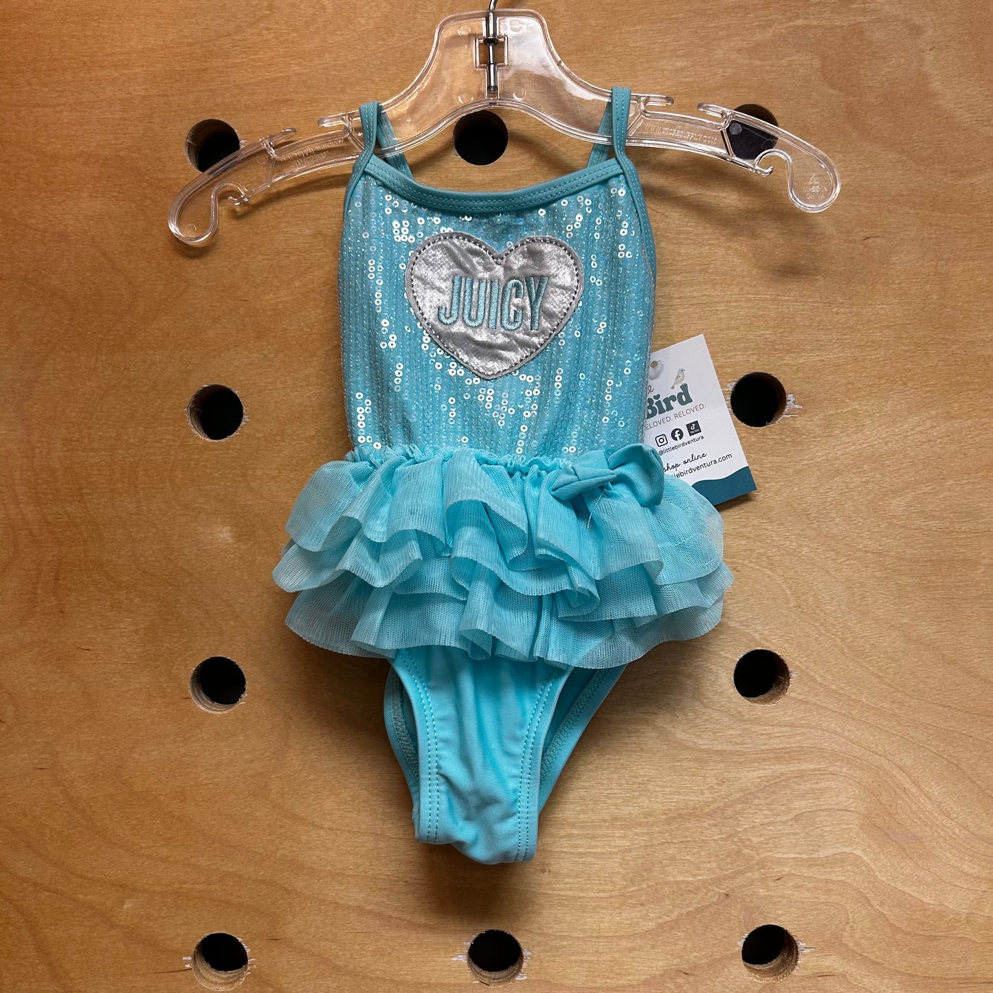 Turquoise Tulle & Sequin Logo Swimsuit