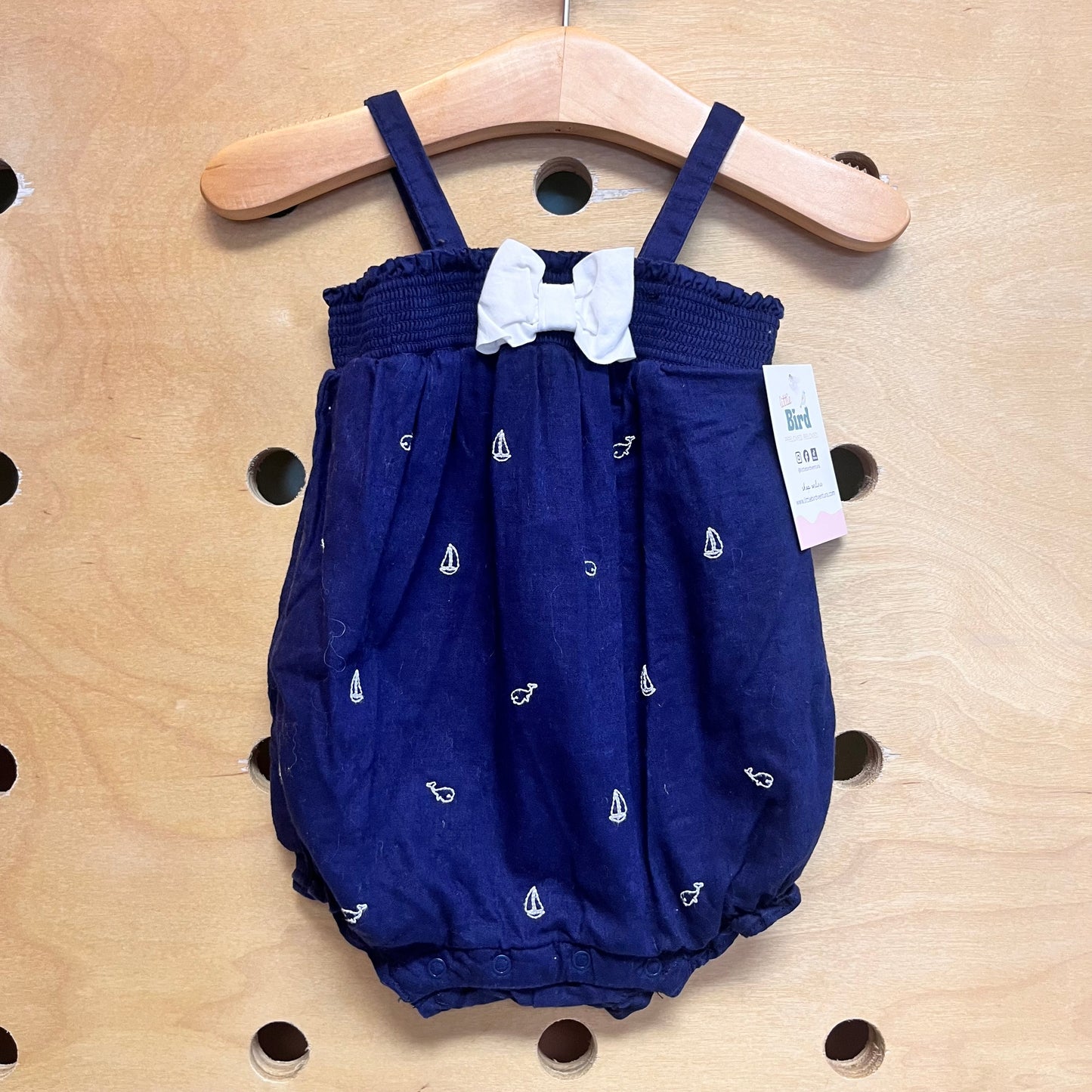 Navy Embroidered Sail Boat/Bow Romper