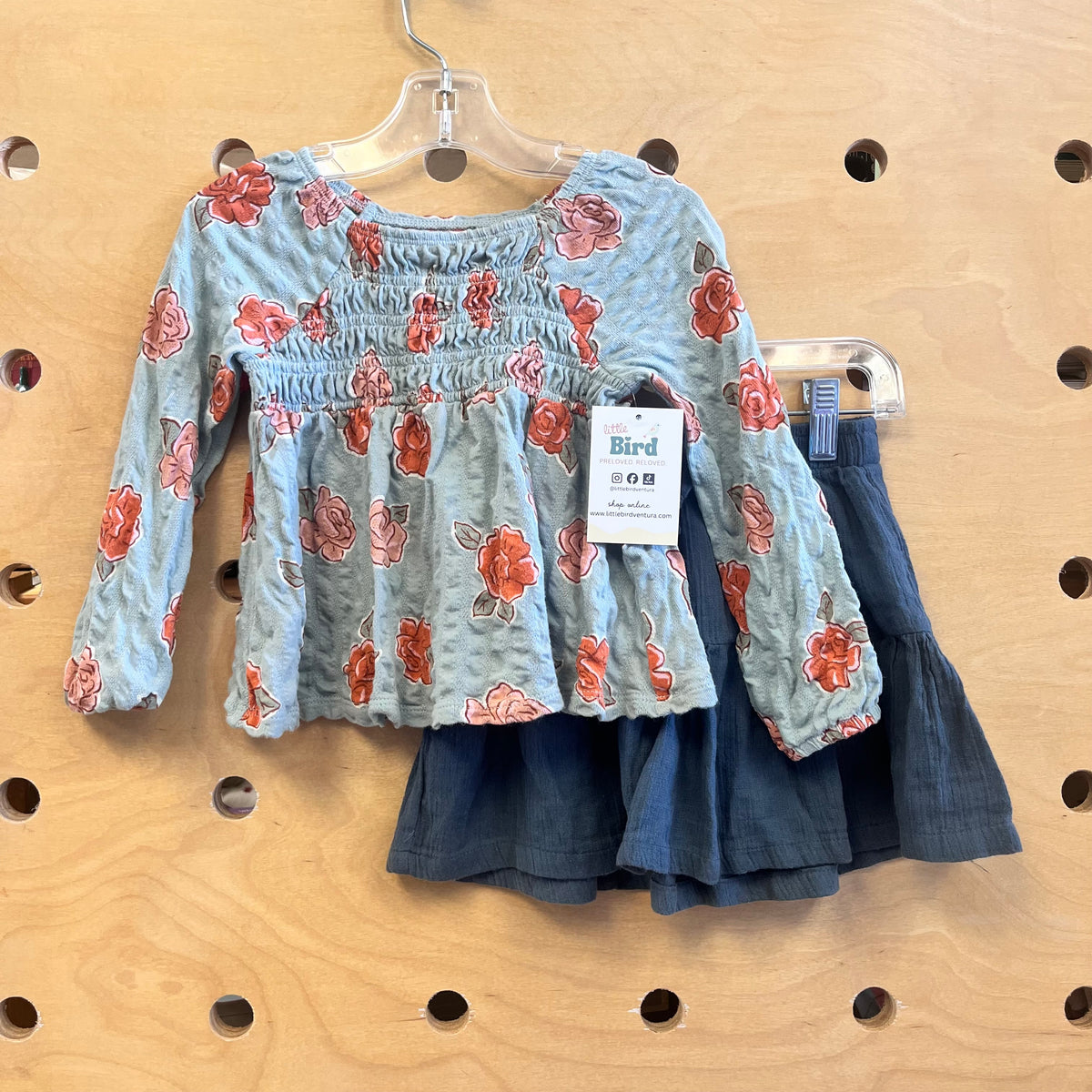 Aqua/Pink Floral LS/Teal Skirt