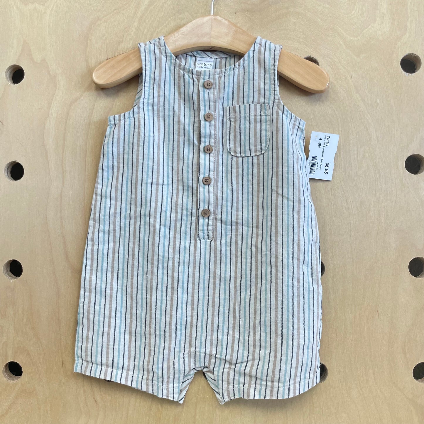 Blue + Tan Striped Linen-Blend Romper