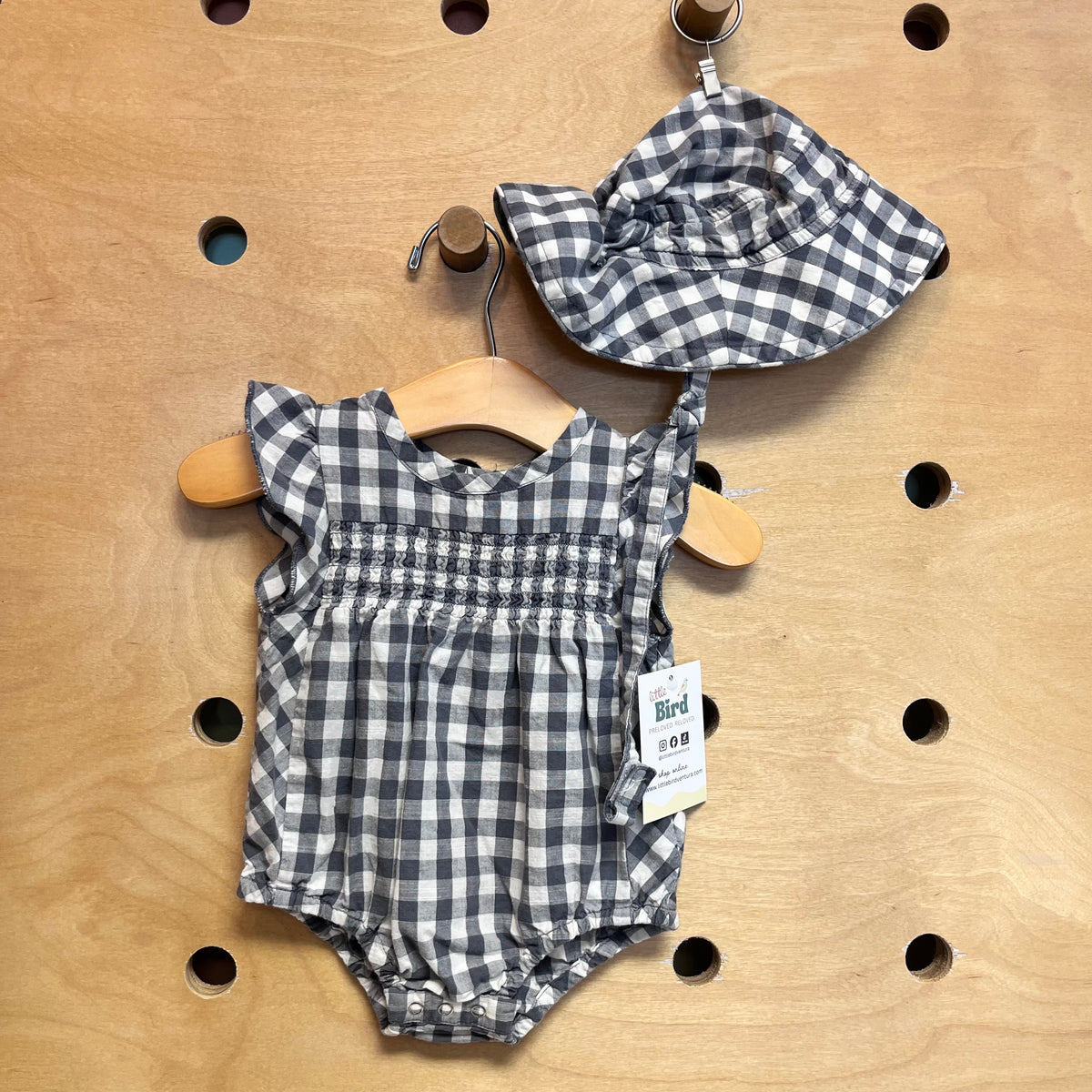 Grey Gingham Smocked Romper & Hat