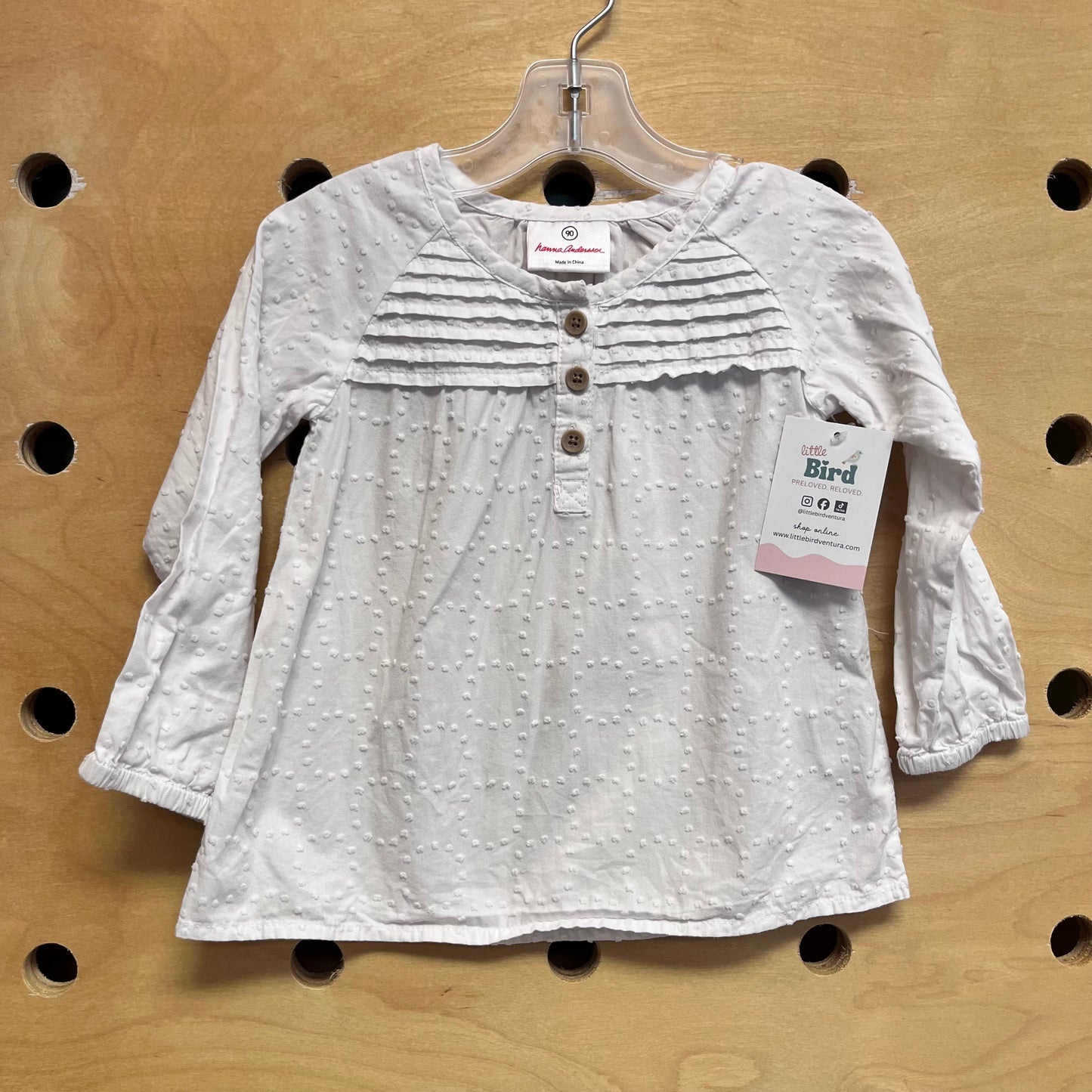 White 1/4 Button Textured LS