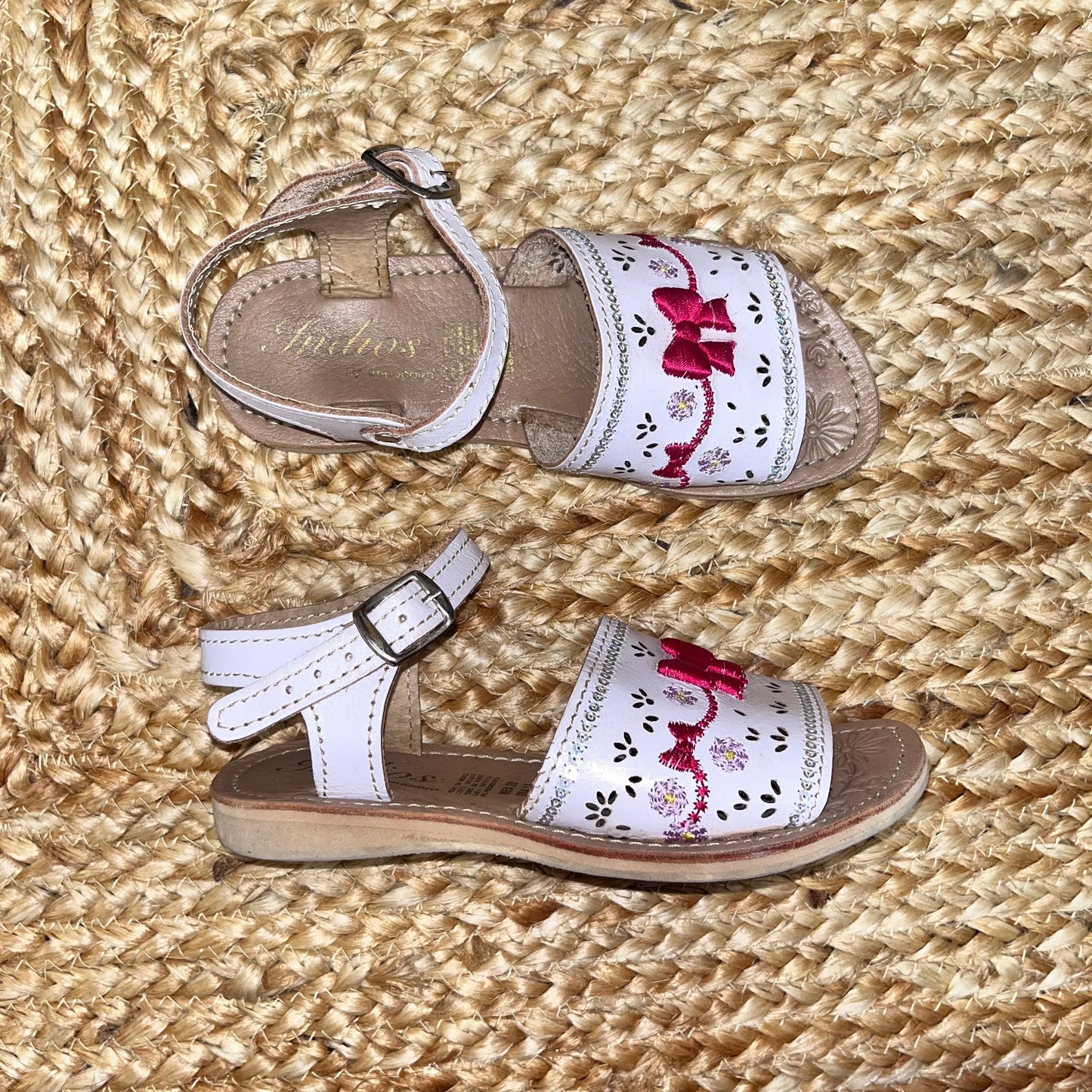Pink Bow & Flowers Leather Sandals