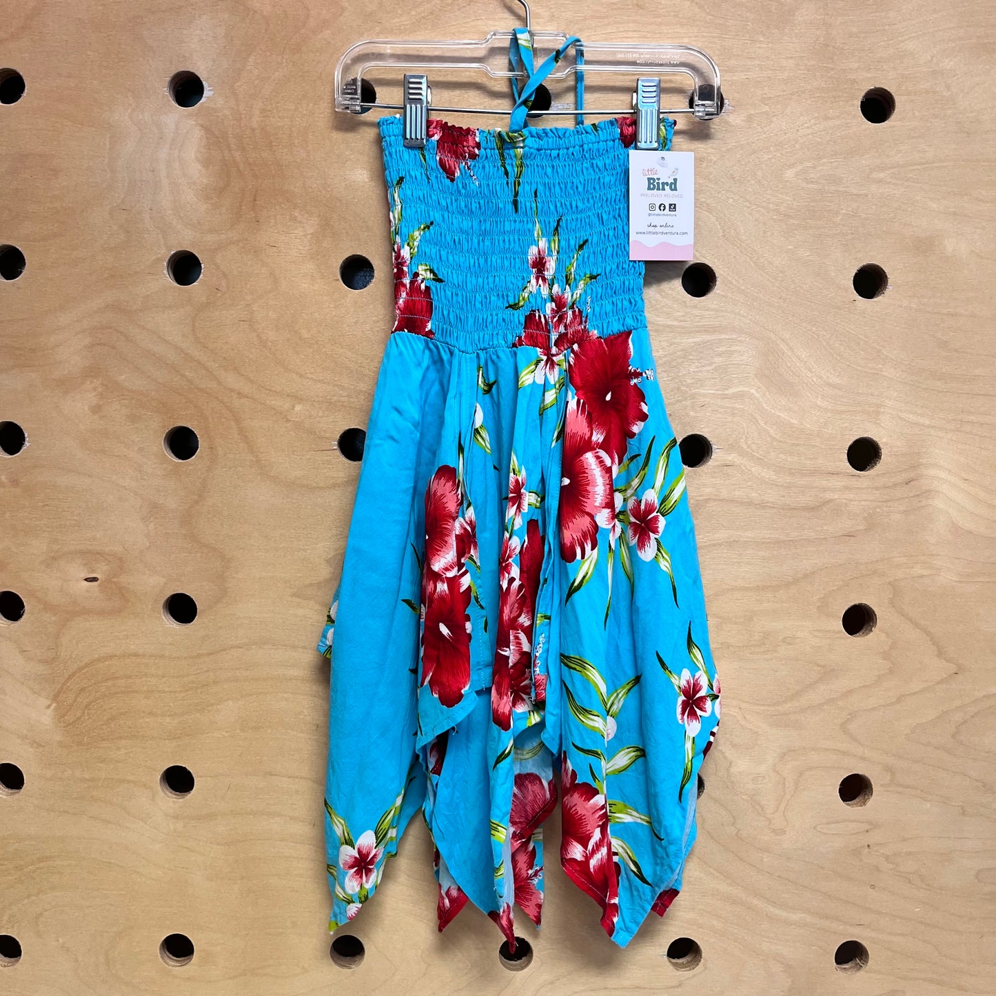 Turquoise Hibiscus Smocked Halter Dress