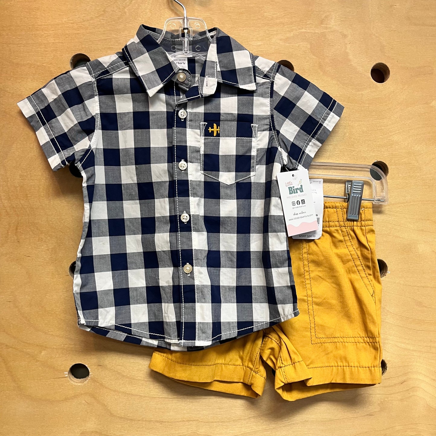 Blue Plaid Button Up/Mustard Shorts NEW!