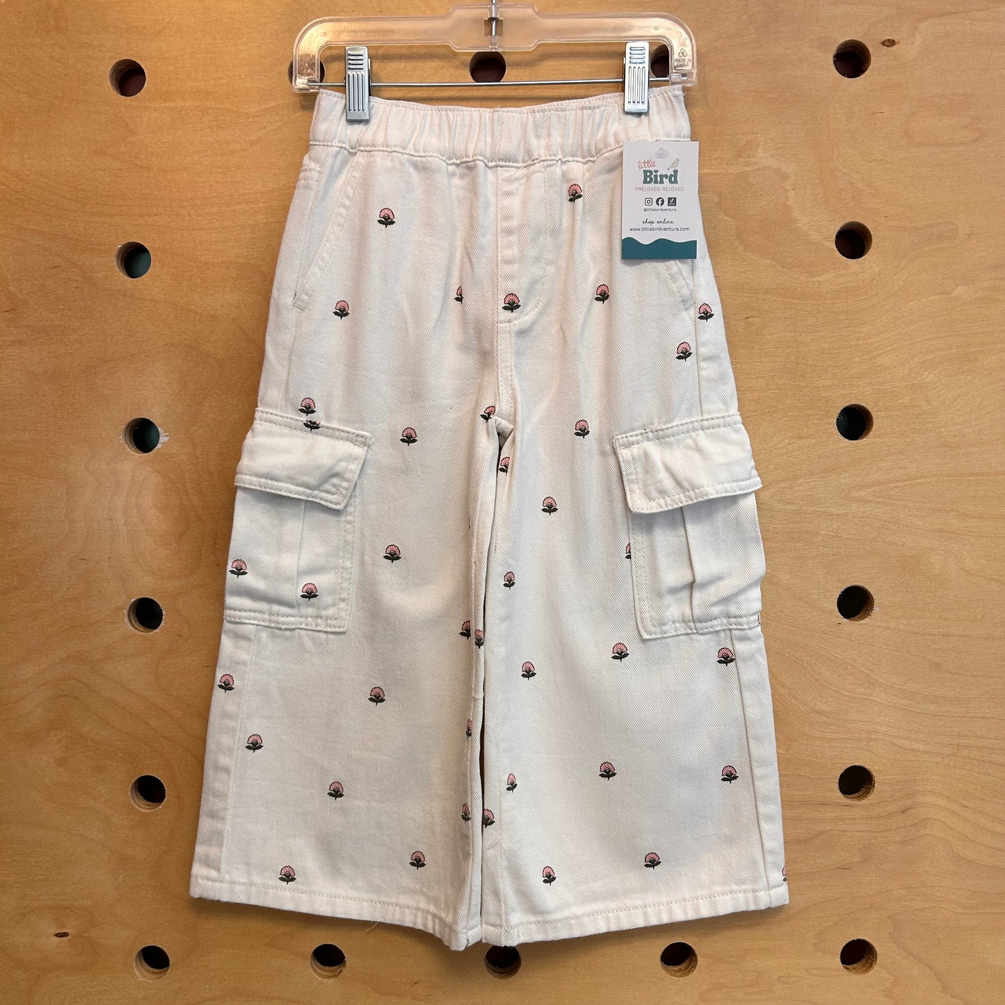 White Floral WIde Leg Cargo Denim