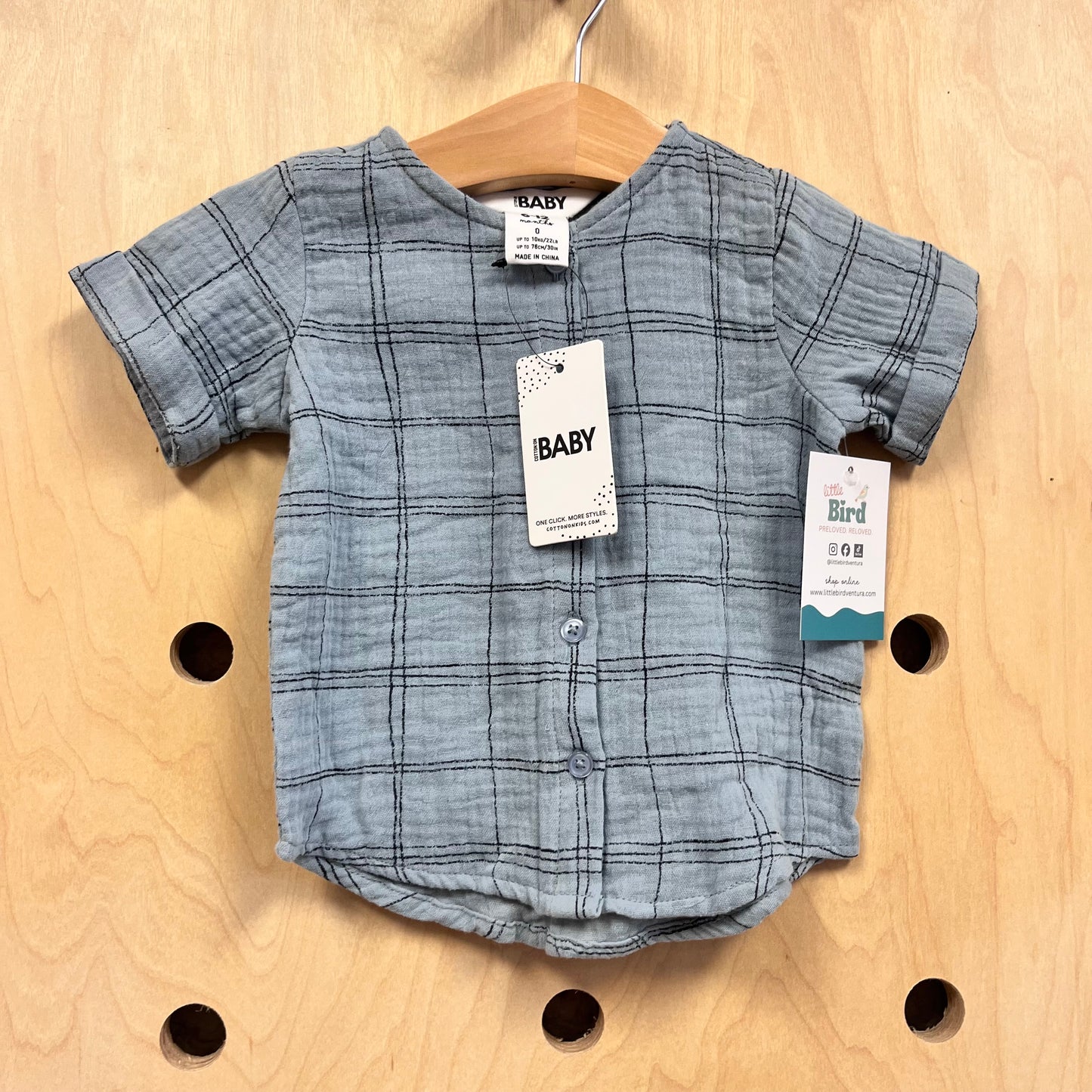 Blue Grid Button Gauze Top NEW!
