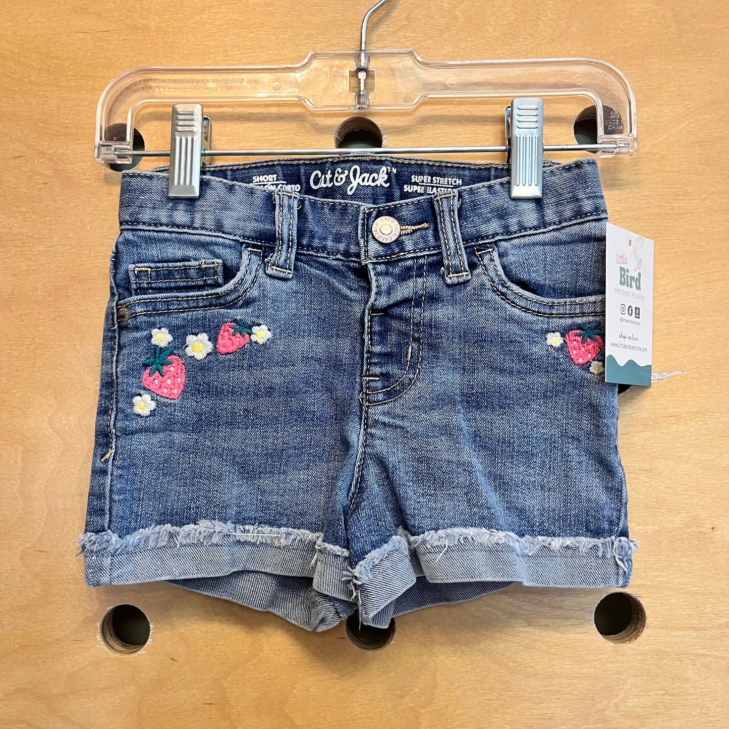 Embroidered Strawberry Denim Shorts